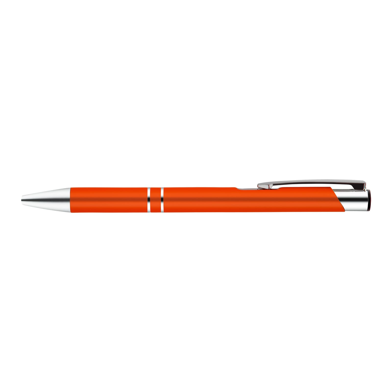 An orange metal pen with silver accents and a sleek design.