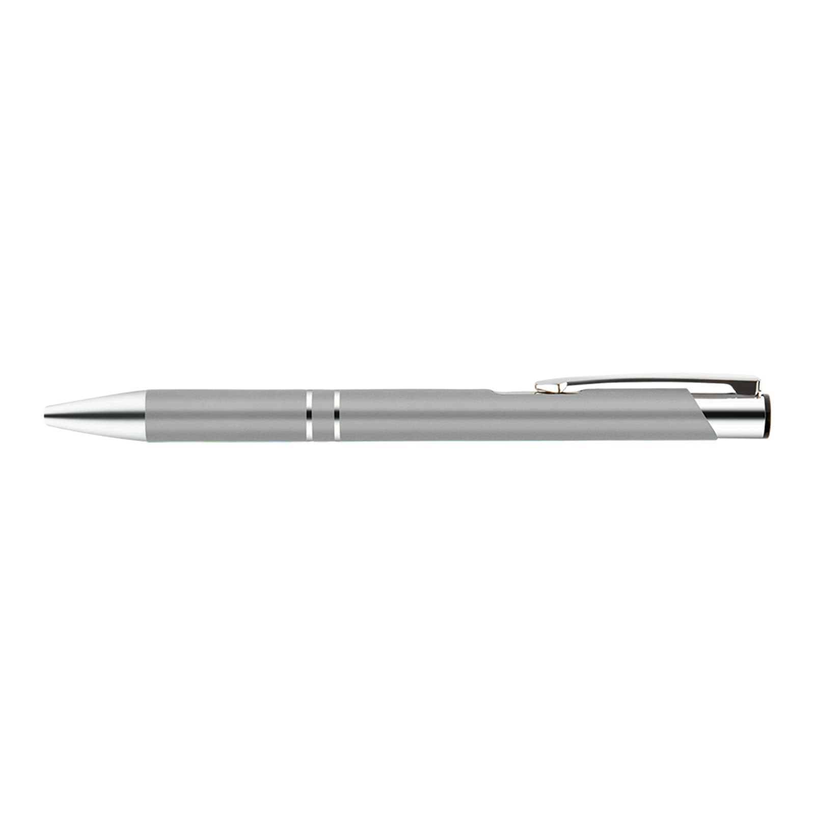 A metal pen in a sleek silver design, featuring chrome accents and a smooth finish.
