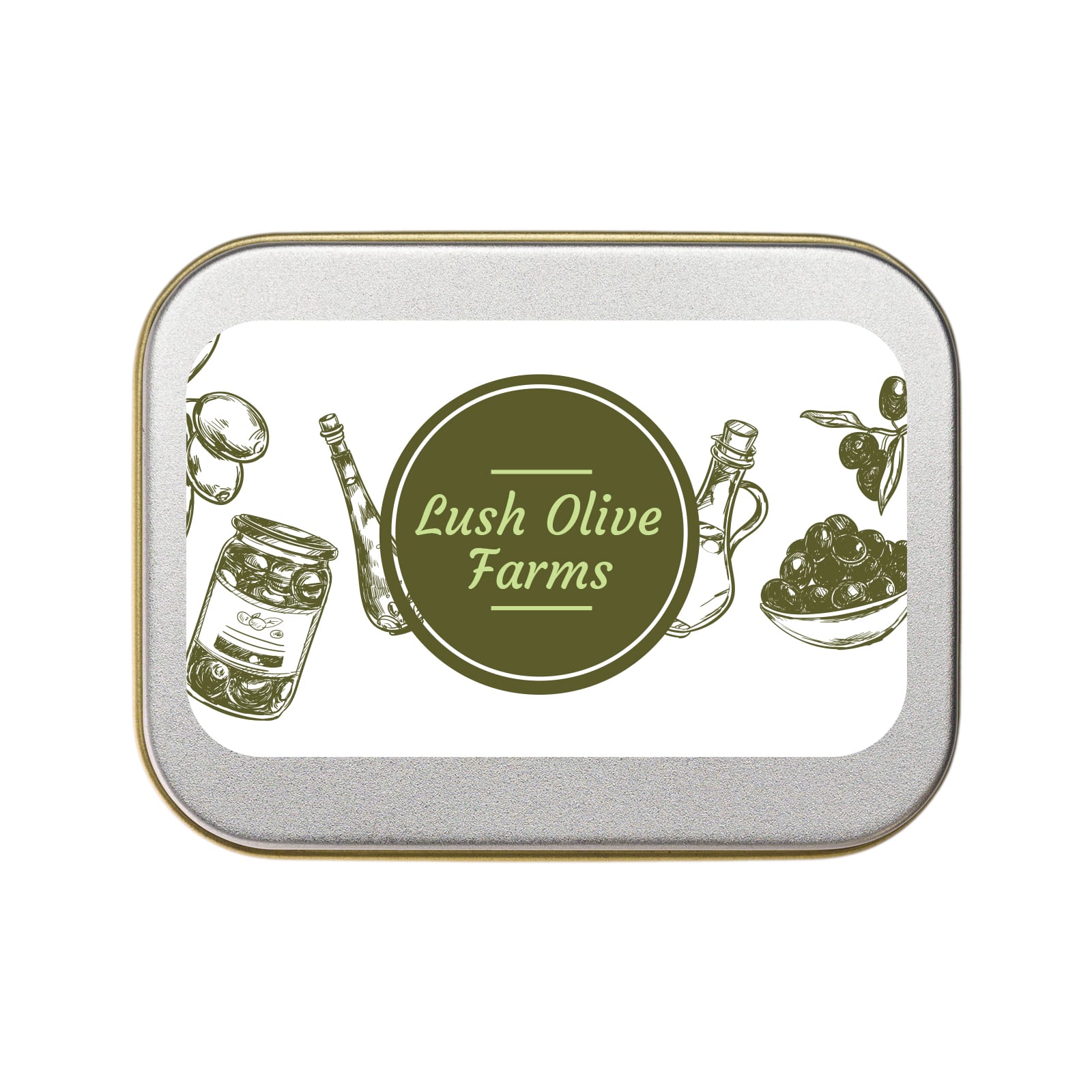 A silver rectangular tin labeled "Lush Olive Farms" featuring illustrations of various bottles and olives.