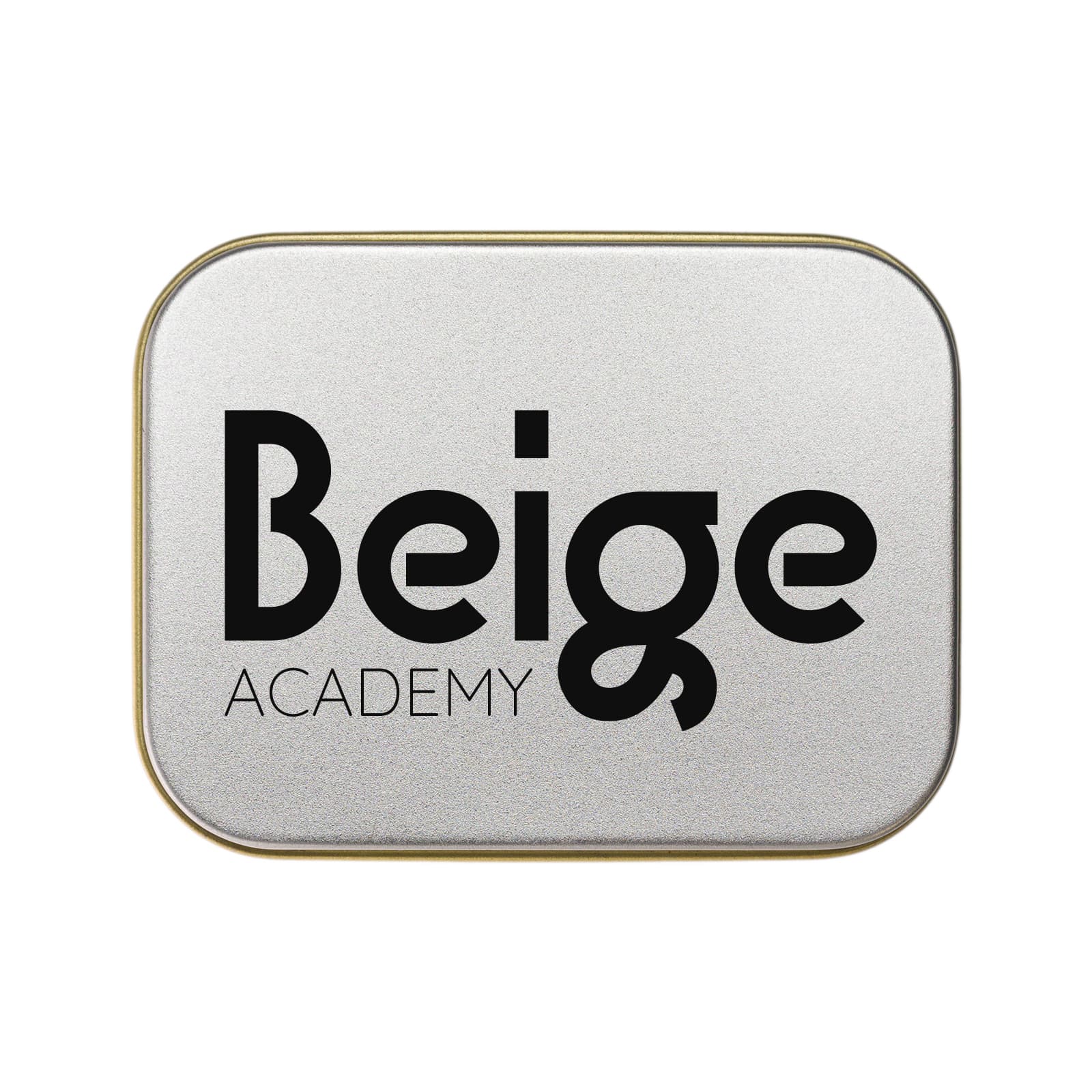 A silver rectangular tin containing assorted colorful mini jelly beans. The tin features a logo.