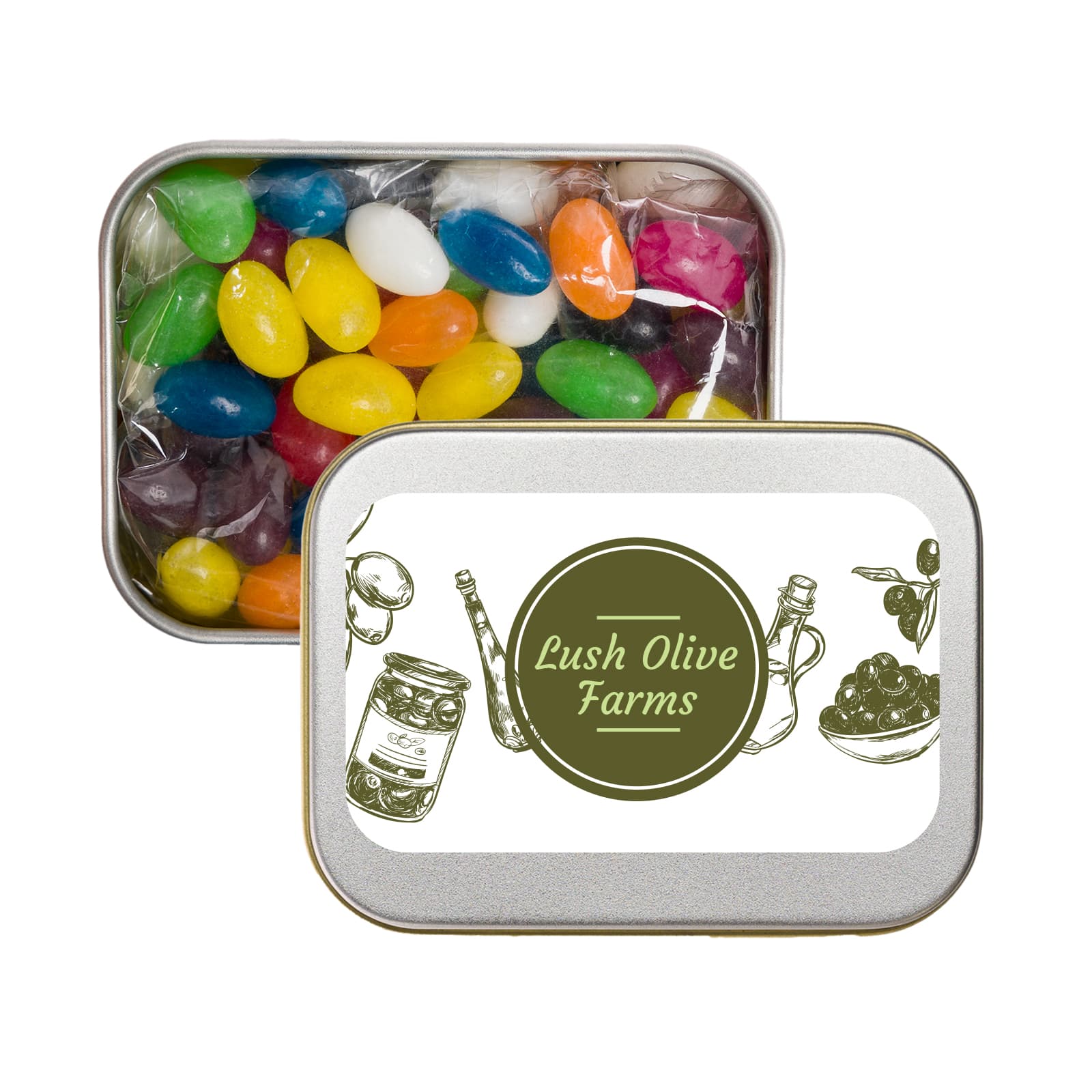 A silver rectangular tin filled with assorted color mini jelly beans, featuring a label that reads "Lush Olive Farms."