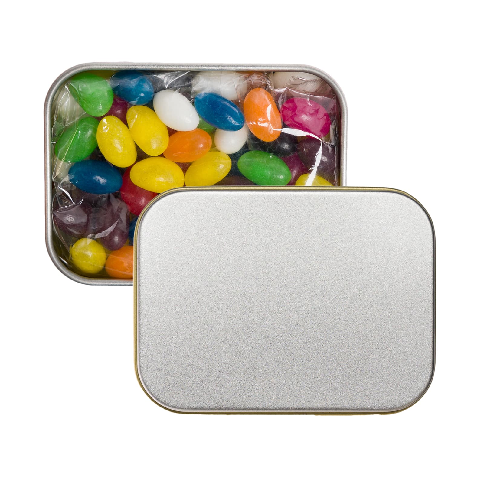 A silver rectangular tin filled with assorted color mini jelly beans, including green, yellow, orange, and purple.