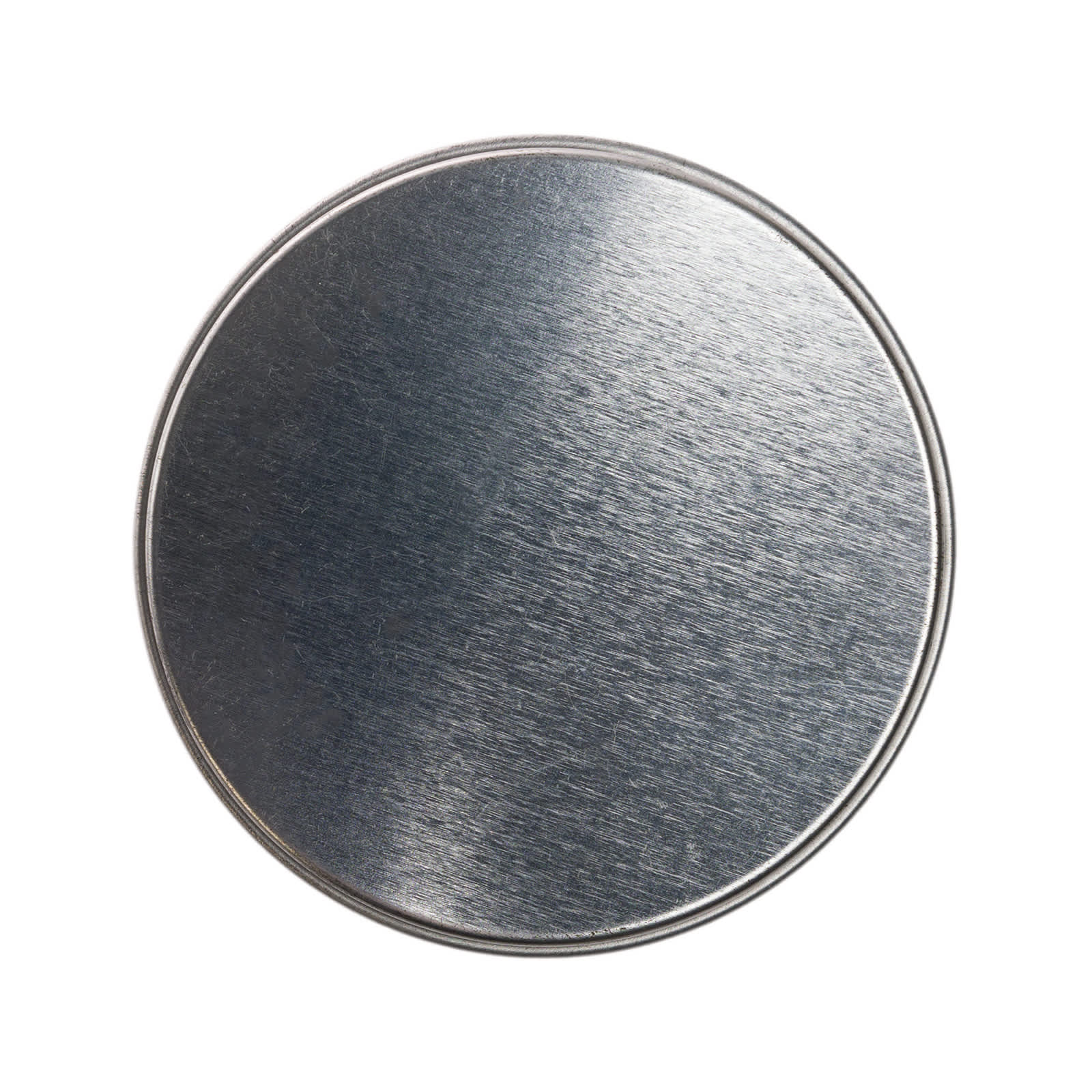 A silver round tin with a smooth, brushed metallic surface.