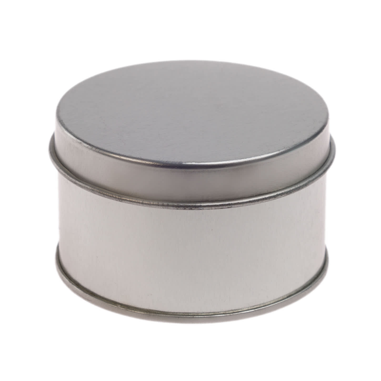 A silver round tin with a smooth finish and a secure lid, featuring a simple design.