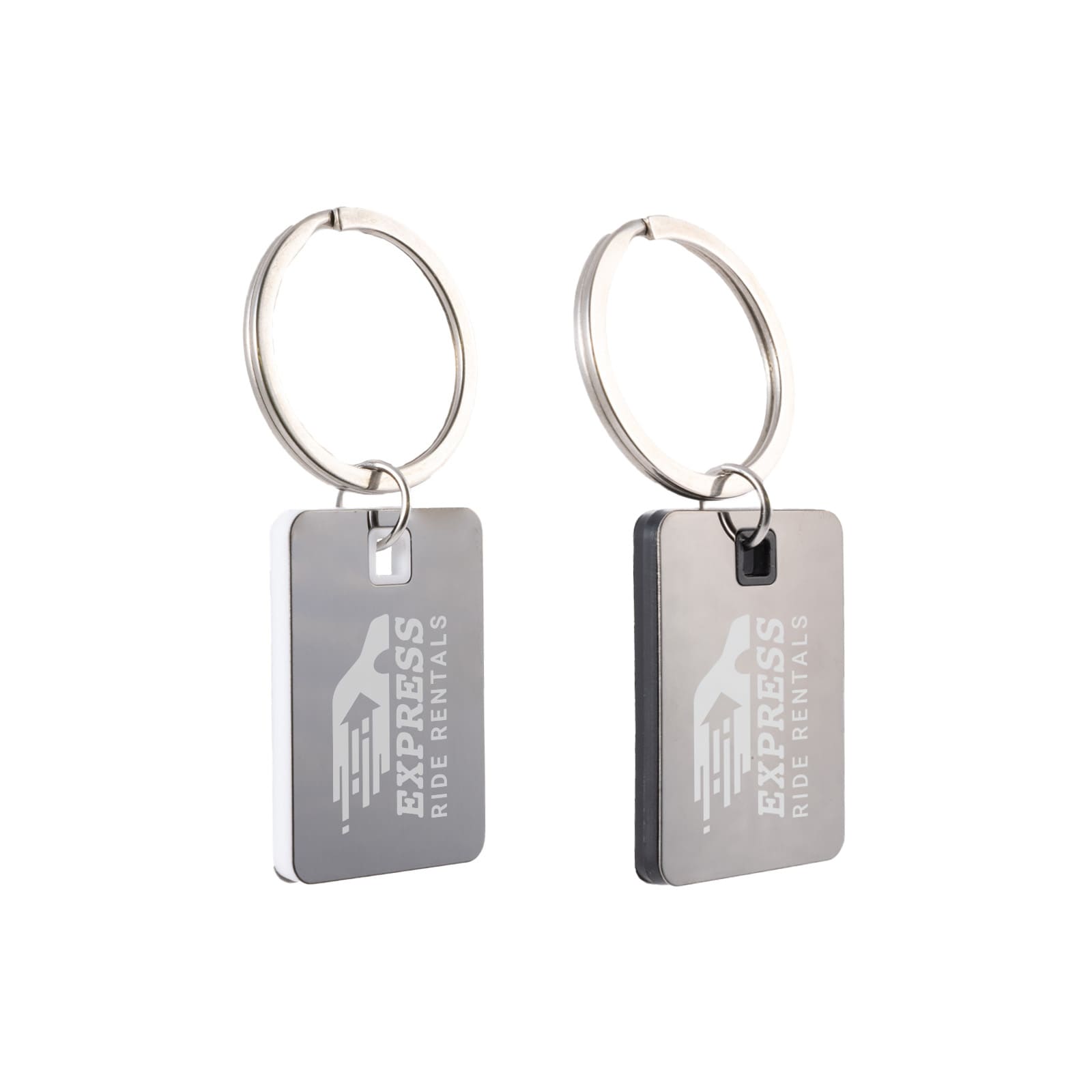 Rectangle Stainless Steel Keytag – Elegant Rectangular Keychain with Dark Grey Finish, Acrylic Border, Custom Laser Engraving in Black or White