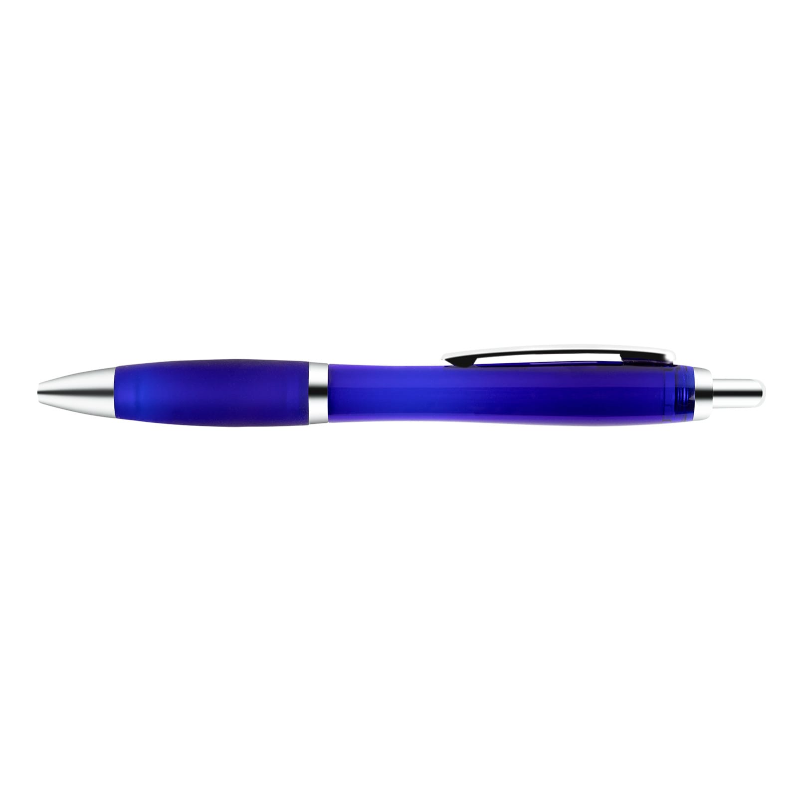 A transparent blue pen with a silver clip and accents. The pen features a smooth, sleek design suitable for writing.