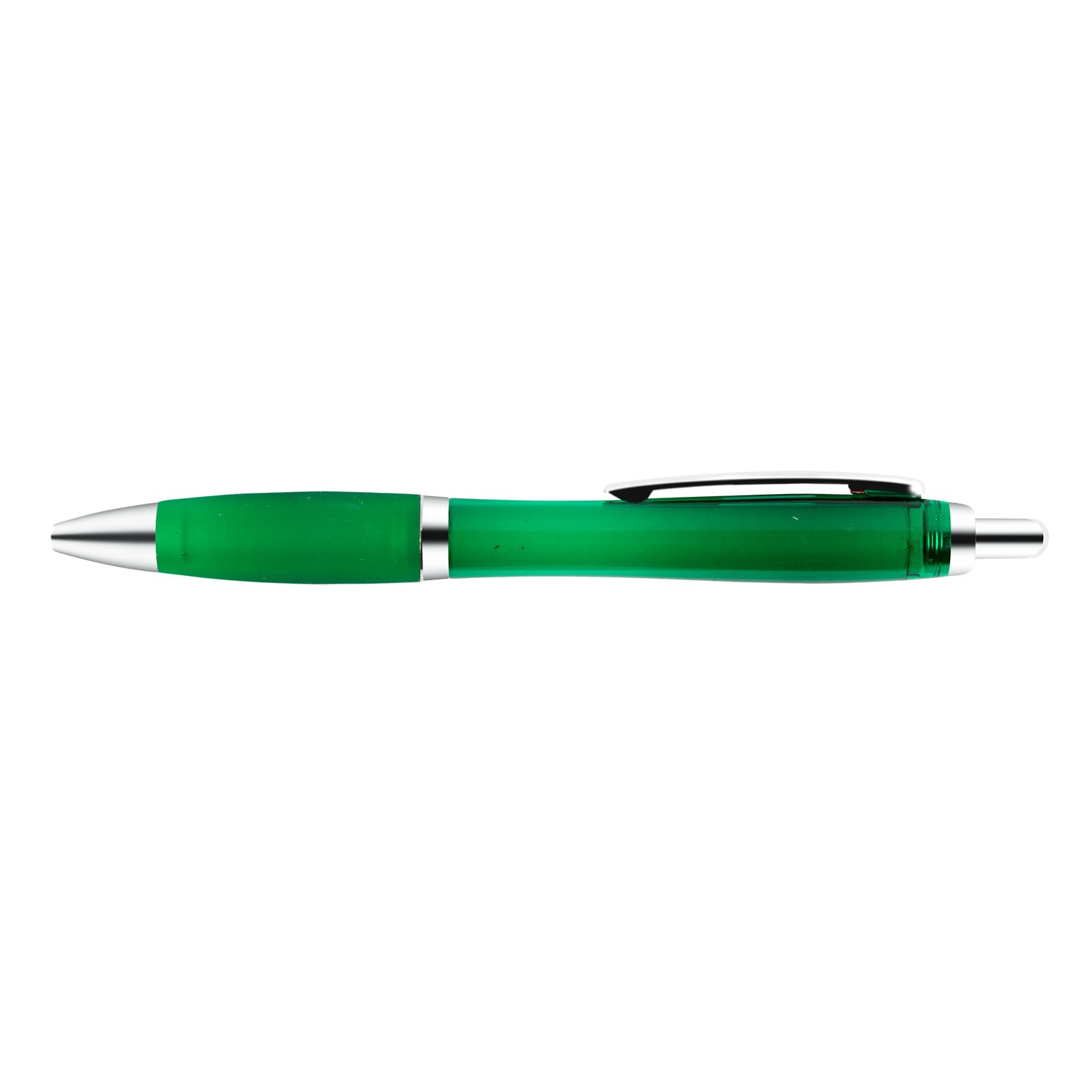 A transparent green plastic pen with a silver clip and tip.