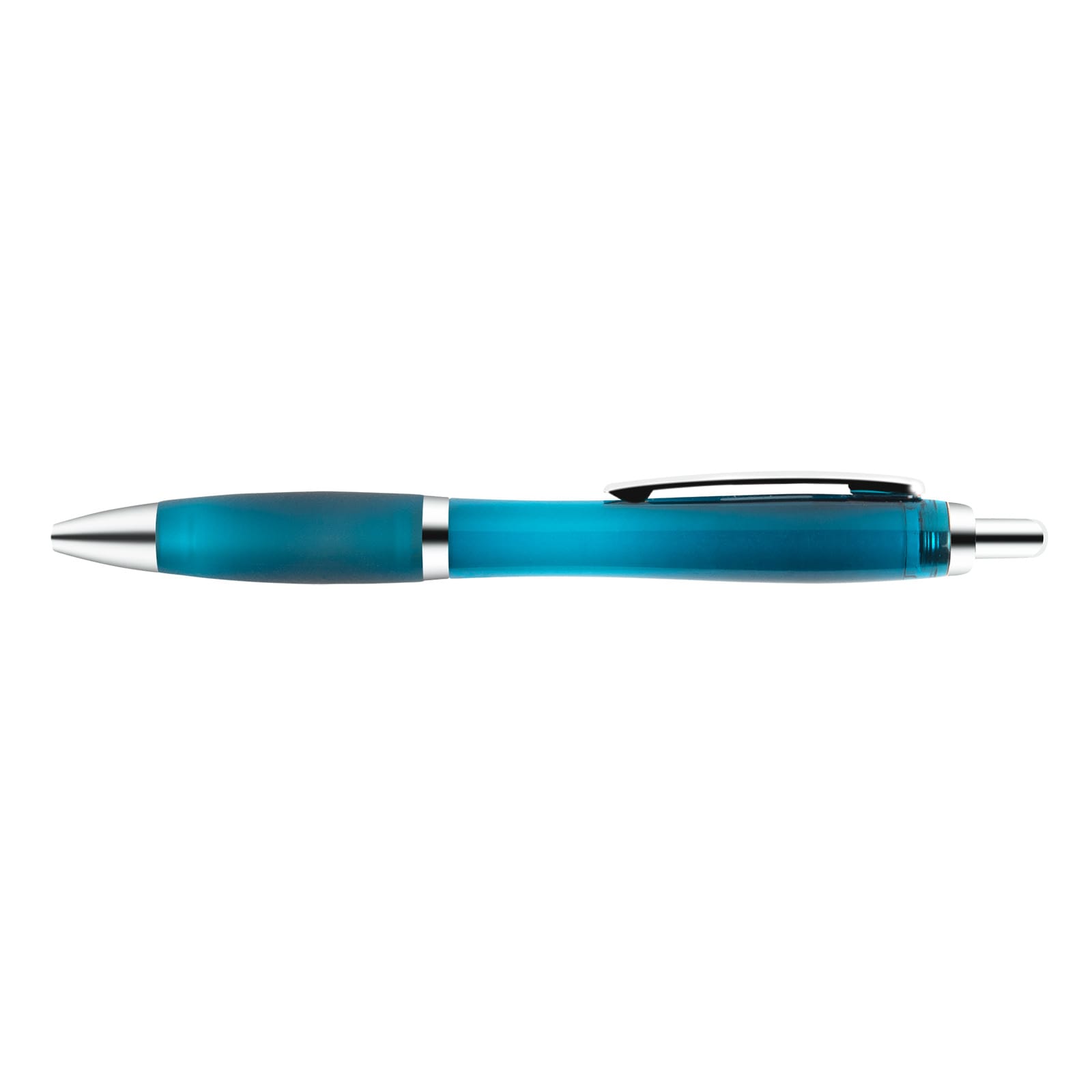 A Viva Transparent Pen in a vibrant blue color with a sleek silver trim and a soft grip.