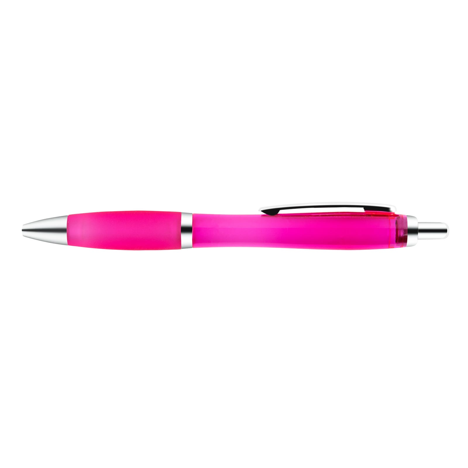 A vibrant pink transparent pen with a shiny silver clip and a chrome tip.