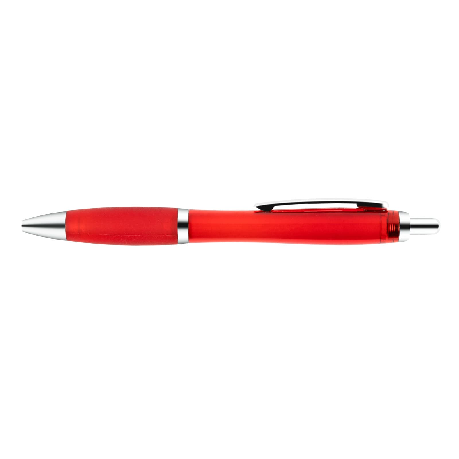 A red Viva Transparent Pen with a sleek design and silver accents.