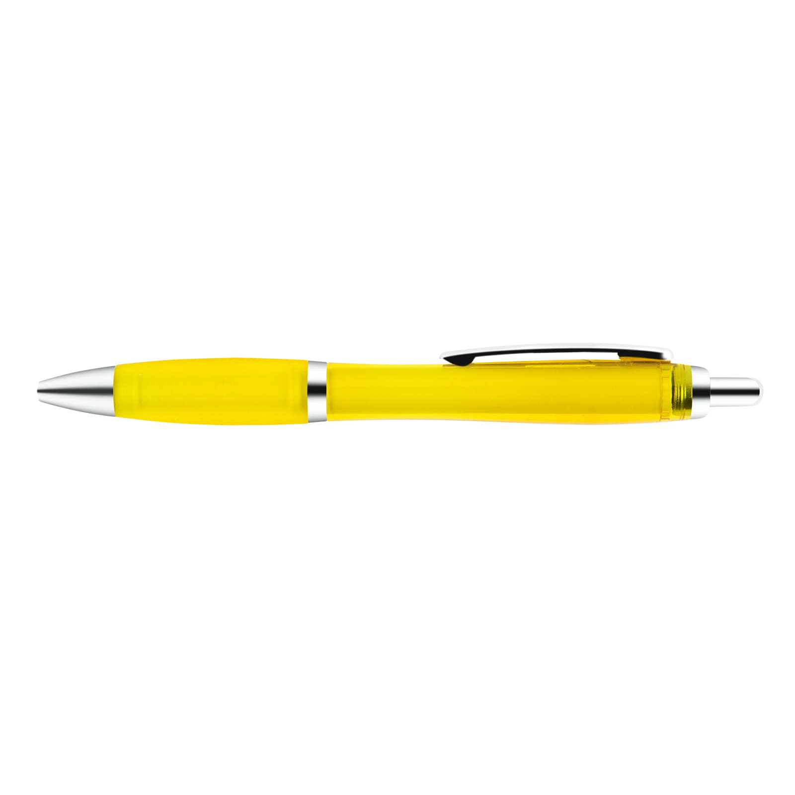 A yellow plastic pen with a transparent barrel and silver accents.