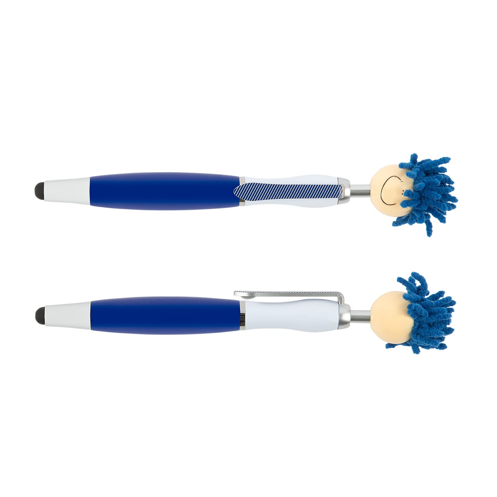 A blue and white stylus pen with a smiling character atop, featuring fuzzy blue hair and a silver clip.