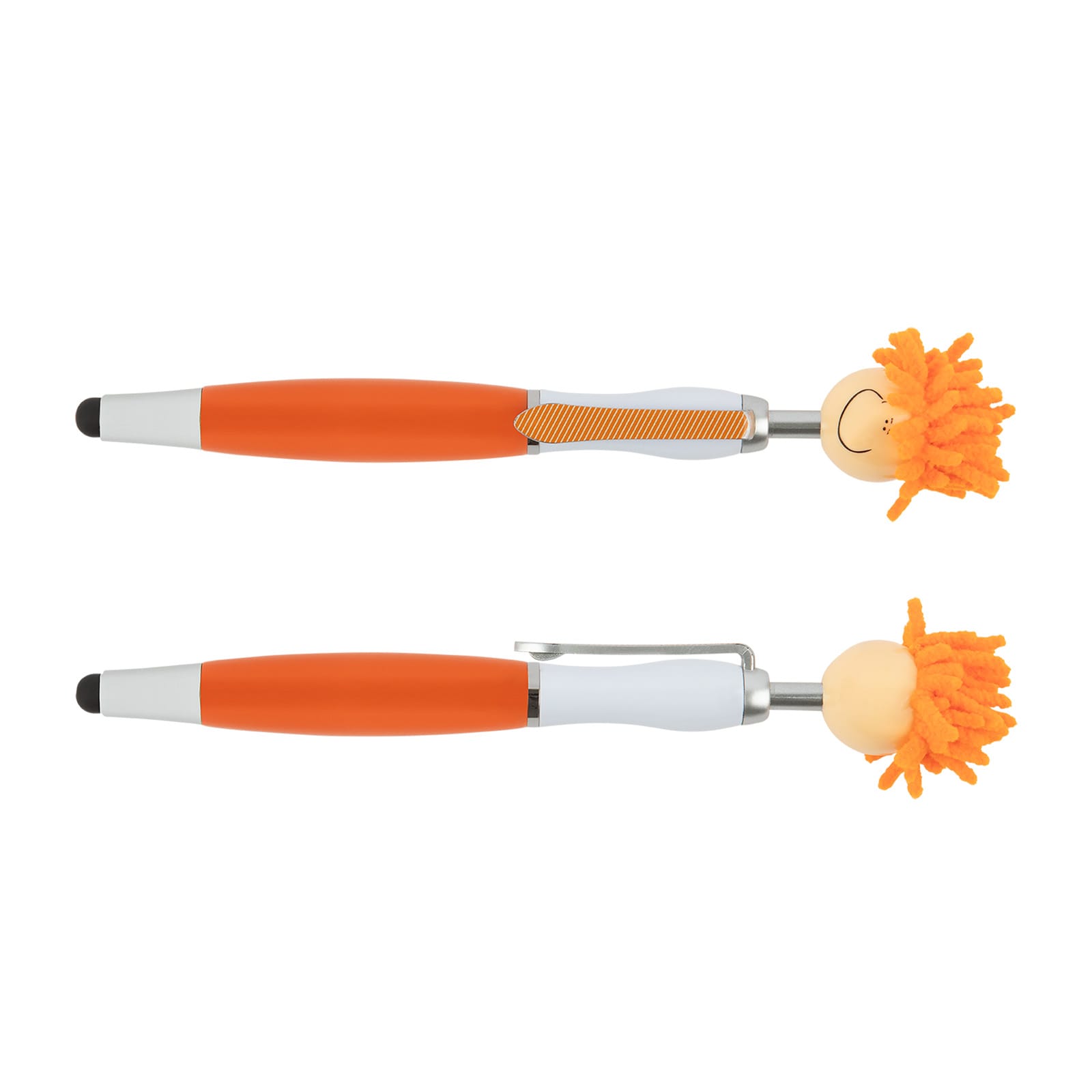 A stylus pen in orange and white with a whimsical character head featuring orange yarn hair and a smile. It has a logo.