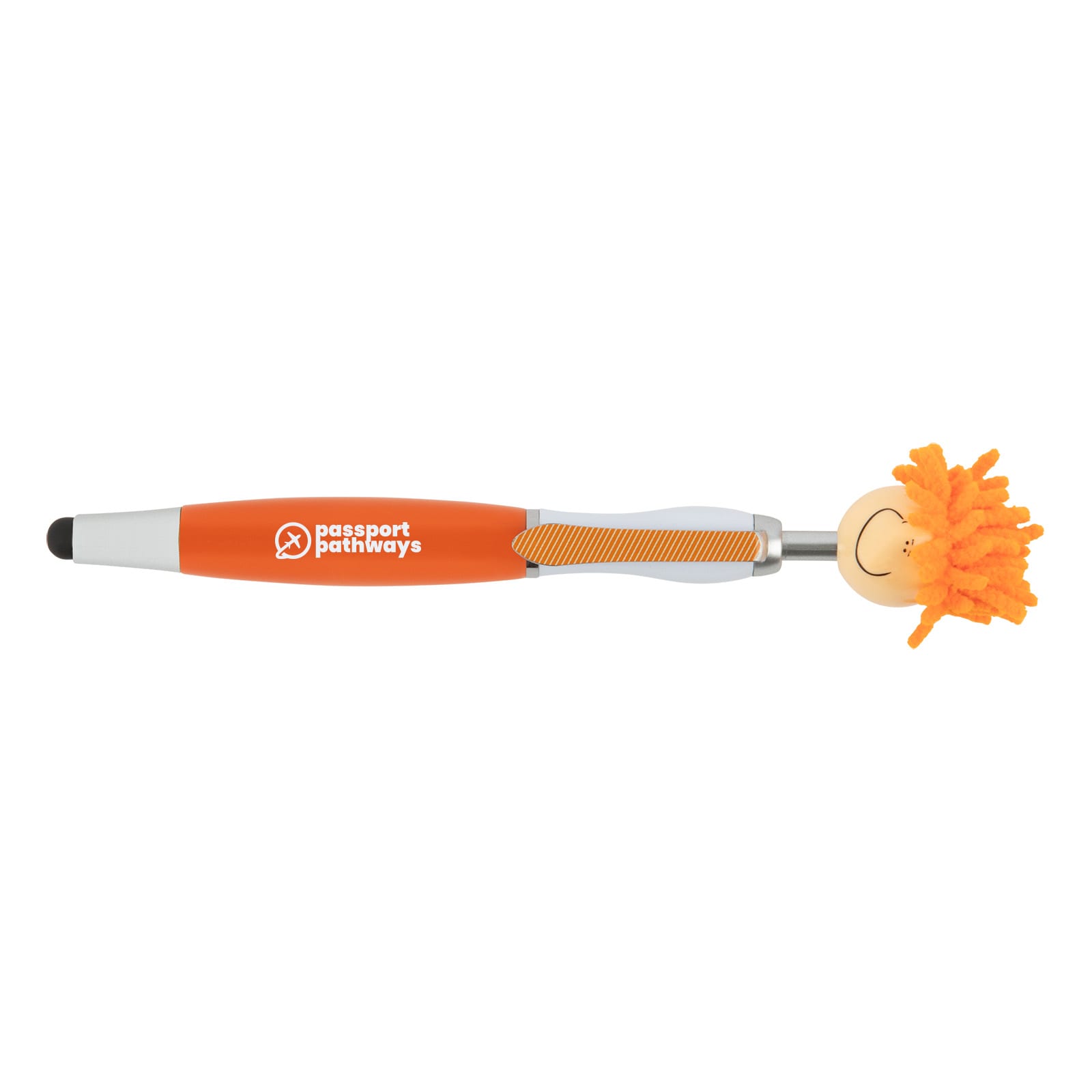 An orange pen with a stylus tip and a fluffy, yellow, pom-pom-like topper. It features a branding logo.