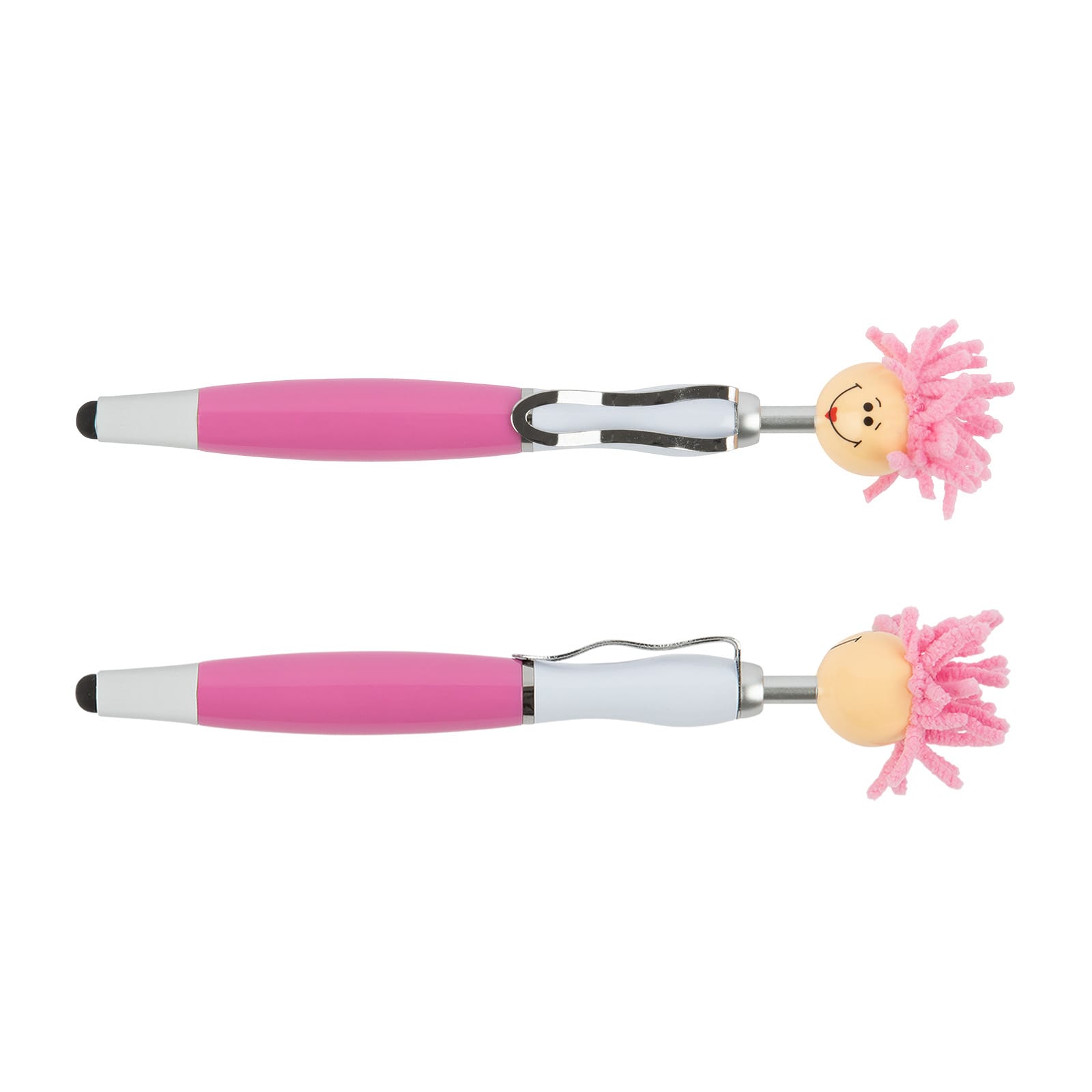 A pair of stylus pens featuring pink and white bodies, topped with playful, pink-haired characters. Each pen has a logo.