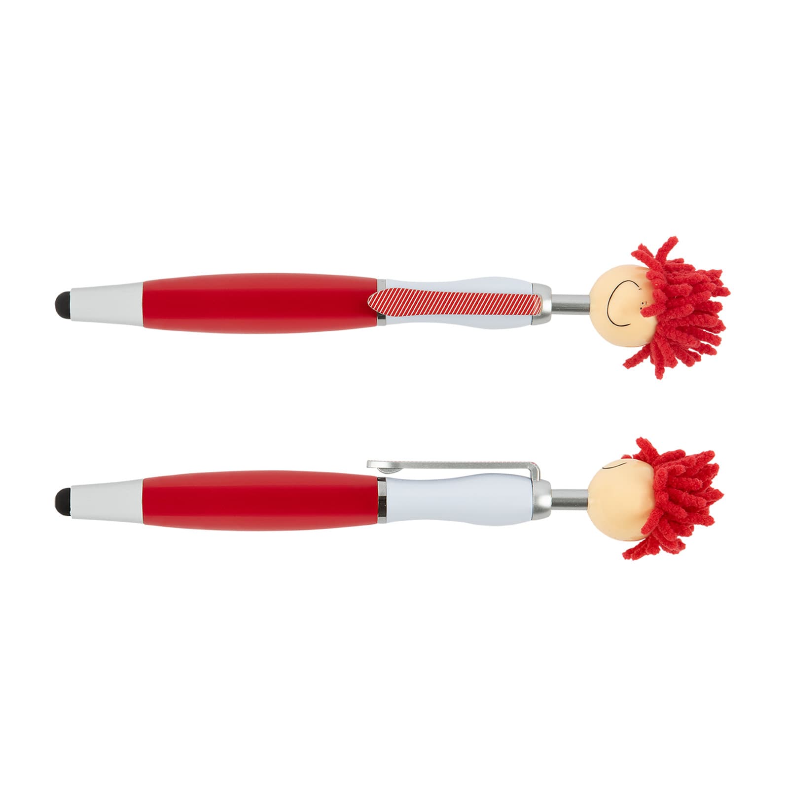 Two stylus pens with red and white features, including a playful top with red yarn hair and a smiling face.