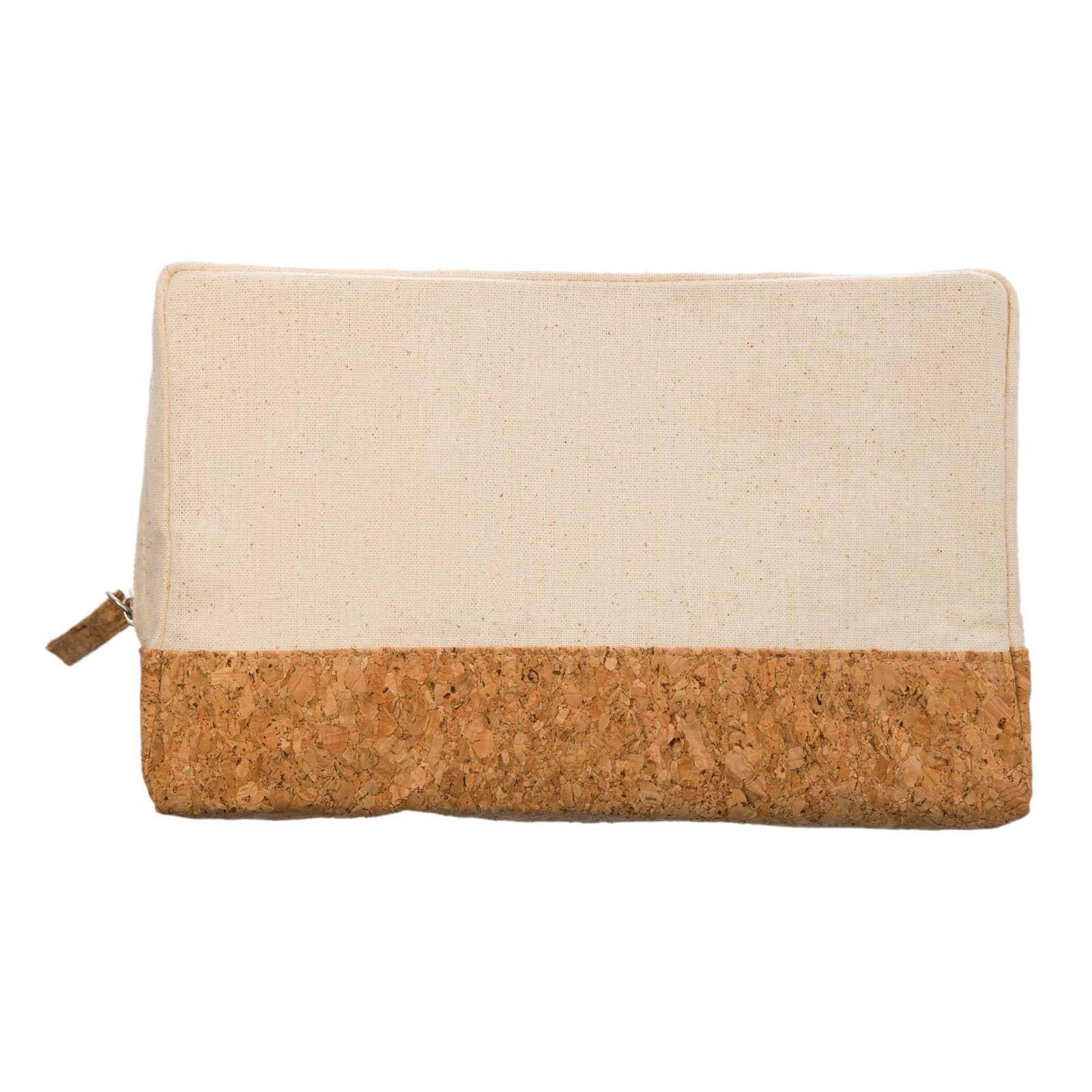 A beige utility case with a cork bottom and a zip closure, featuring a logo on one side.