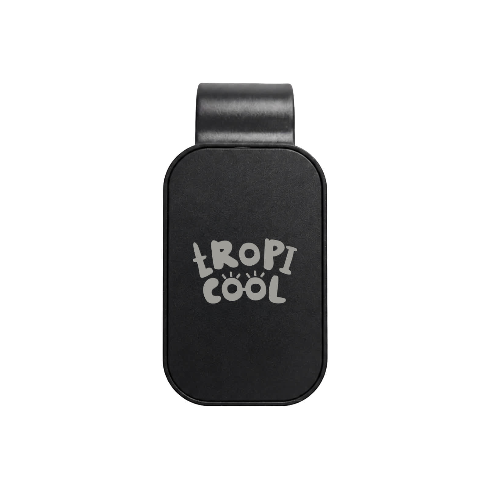 A black visor glasses holder with a logo, designed for storing glasses securely.