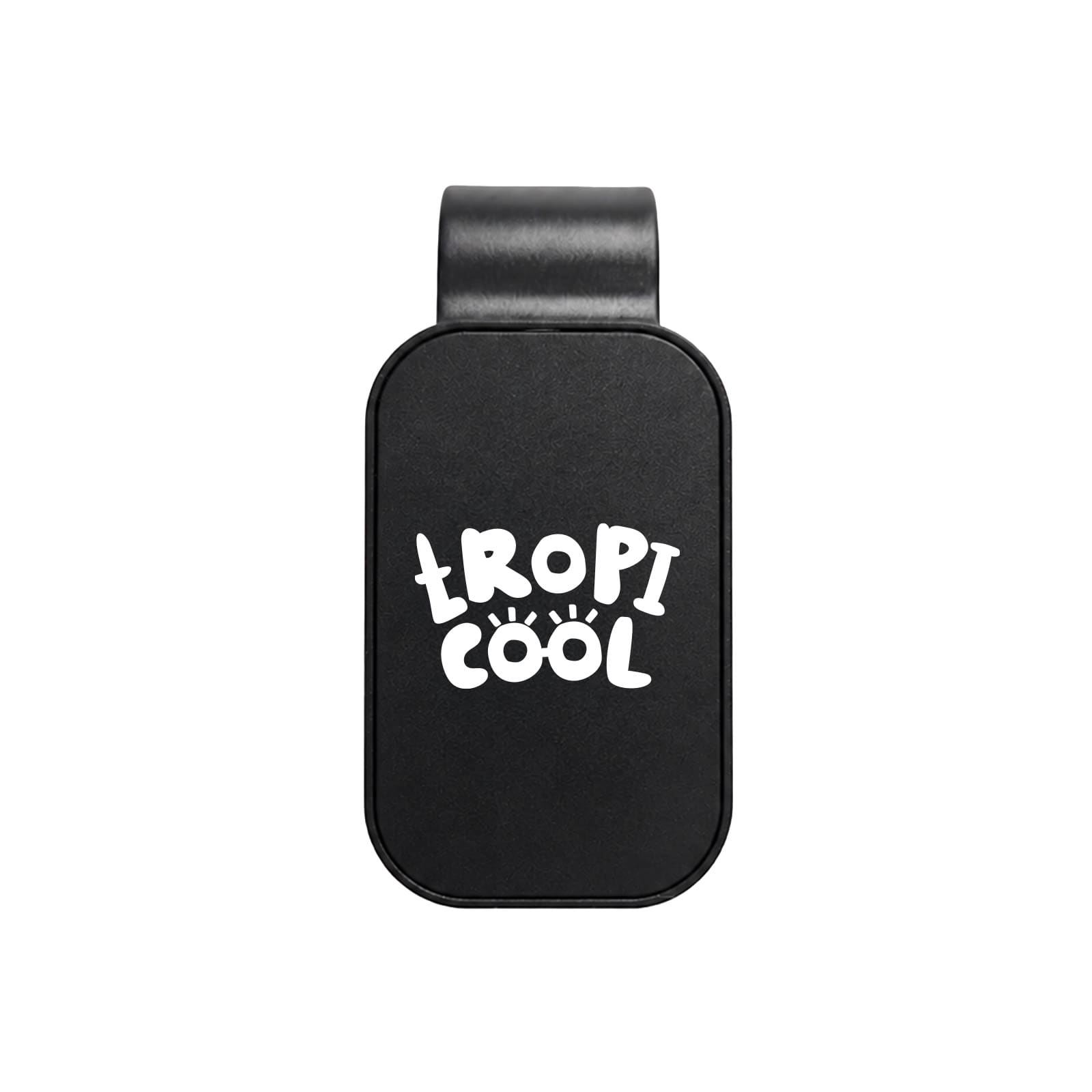 A black visor glasses holder with a logo featuring playful white text. Simple and compact design for accessories.