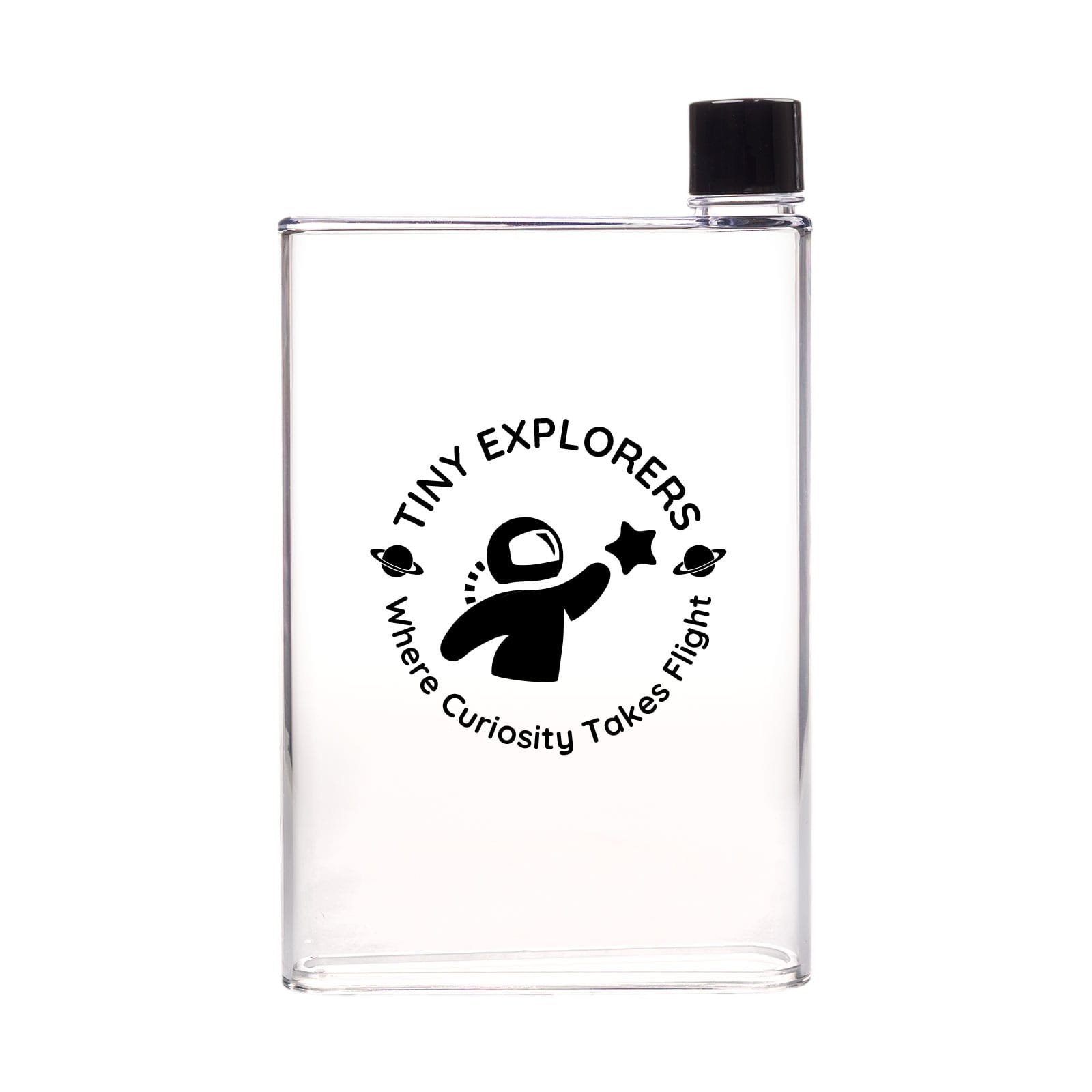 A clear drink bottle featuring a black logo with an astronaut and the text "Tiny Explorers" and "Where Curiosity Takes Flight."