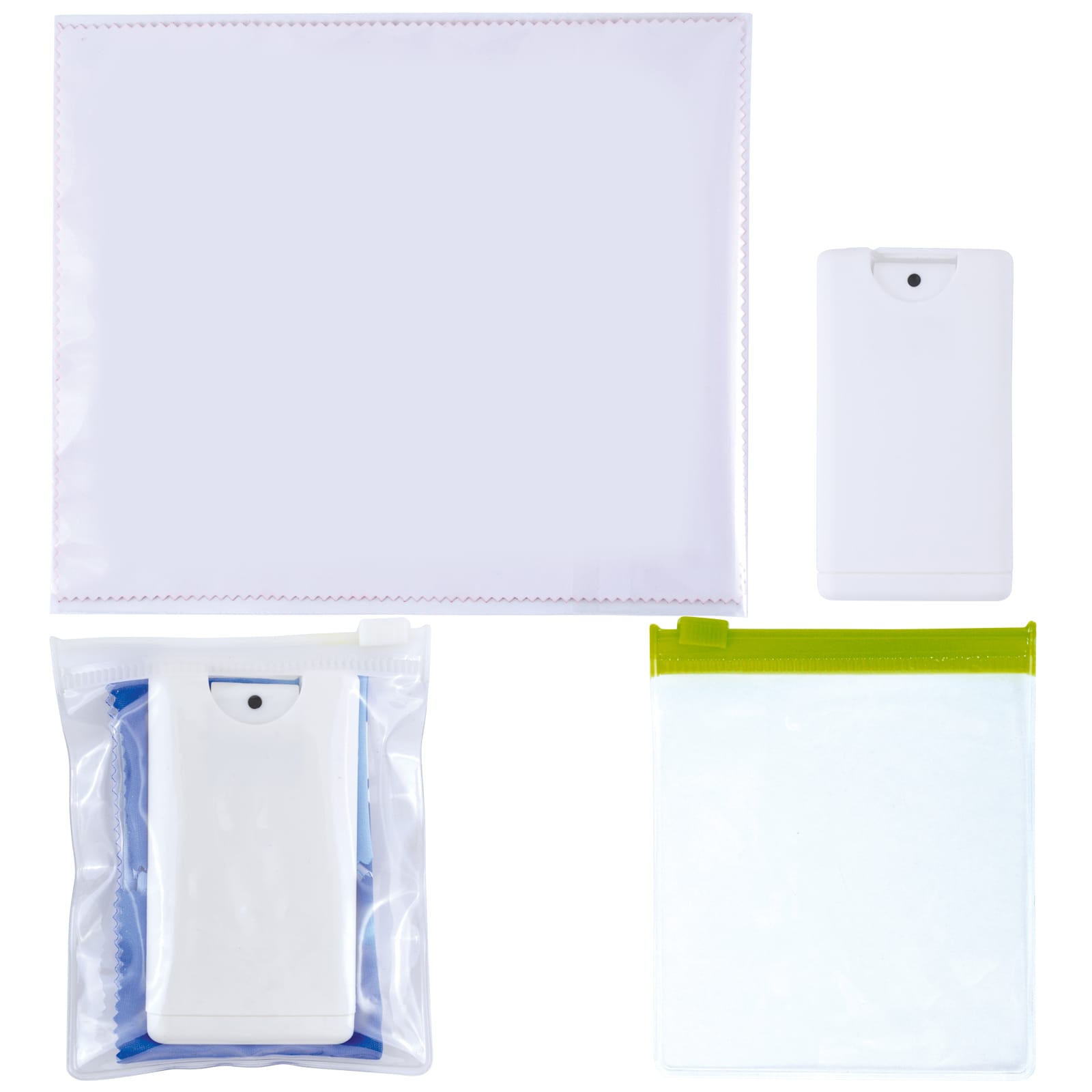 A microfiber lens cloth with screen cleaner in various sizes, featuring white and transparent packaging with a green zipper.