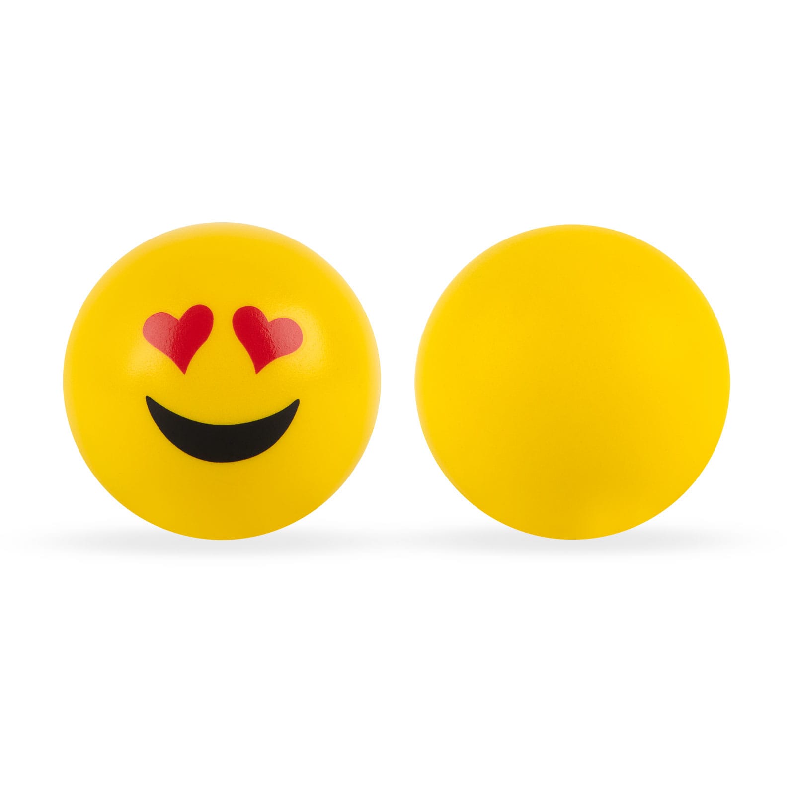 A pair of yellow emoji stress balls with a smiling face and heart eyes design.