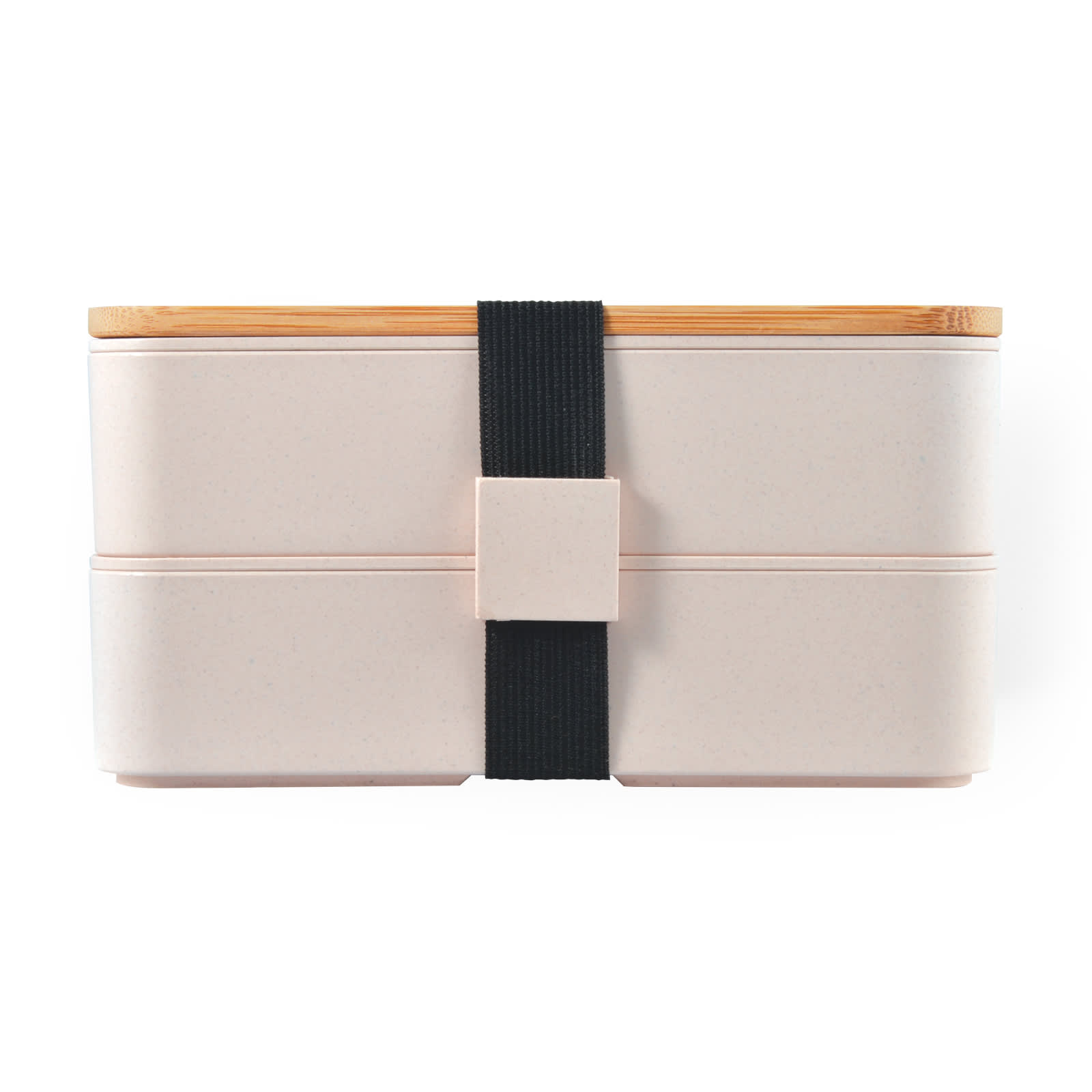 A Stax Eco Lunch Box in soft pink with a bamboo lid and a black elastic strap for secure closure.