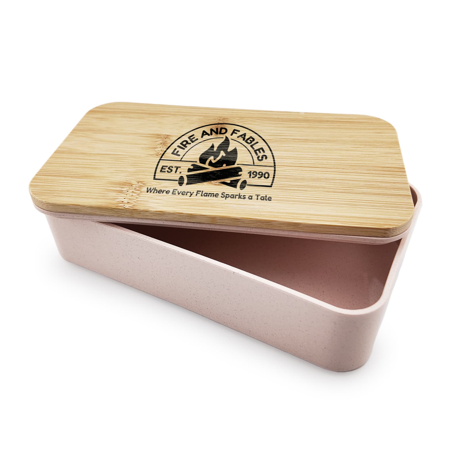 A pink lunch box with a bamboo lid and a logo on top, featuring a two-compartment design.