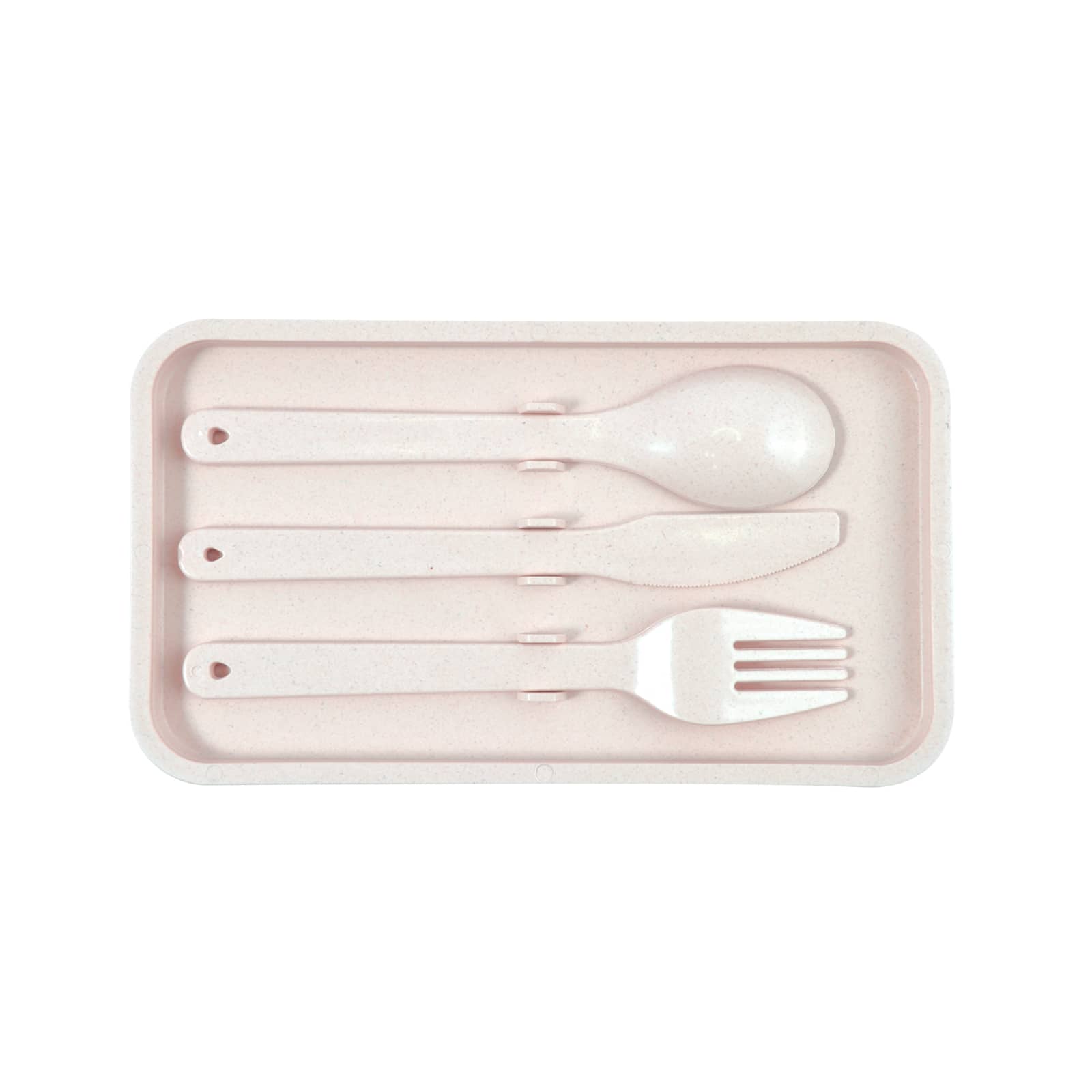A set of four eco-friendly utensils in a pale pink tray, including a spoon, knife, fork, and a spork.