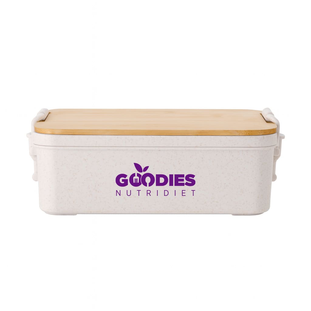 A lunch box in white with a bamboo lid and a logo. Features a dual-compartment design.