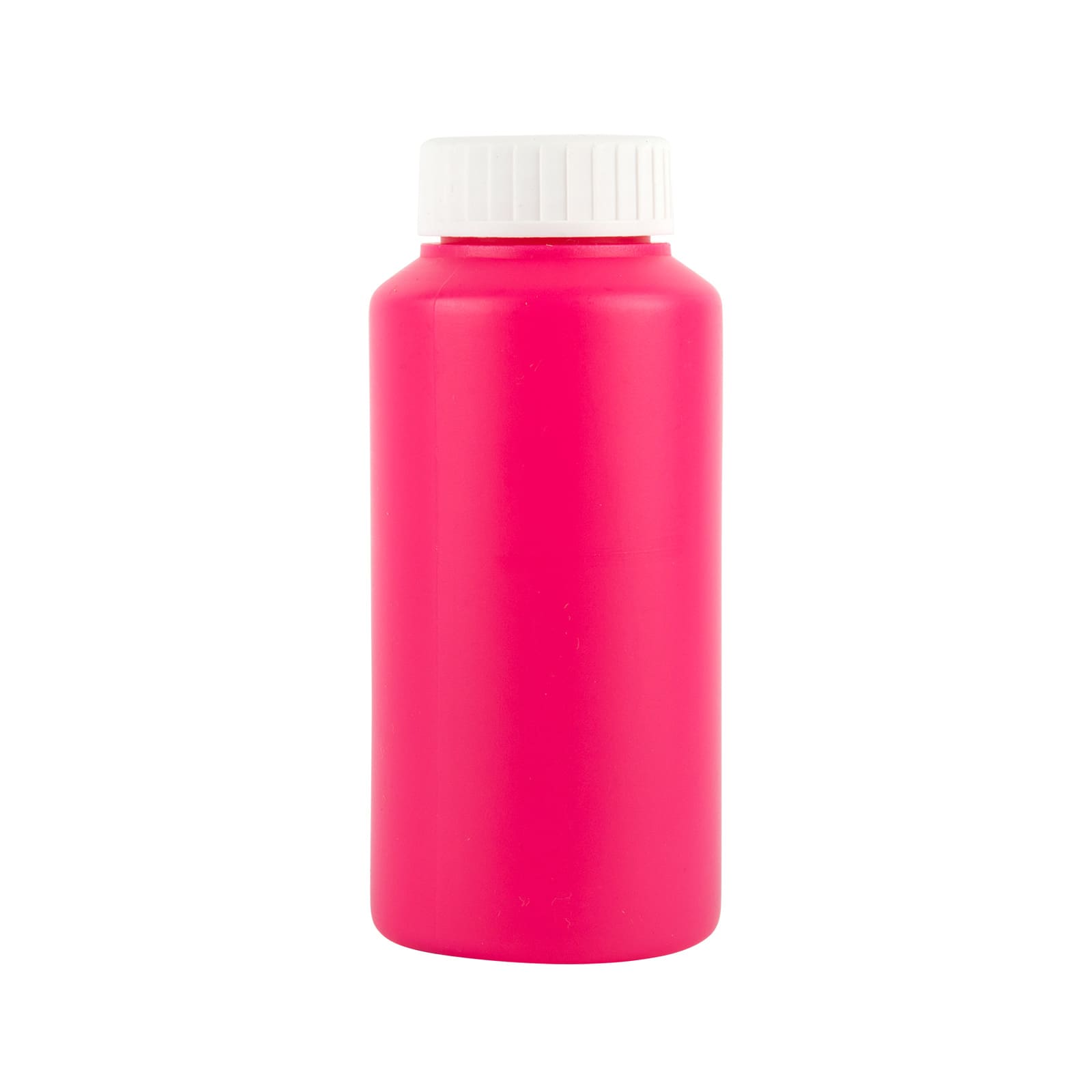 A drink bottle in bright pink with a white screw-on lid. It has a smooth surface and a branding logo.