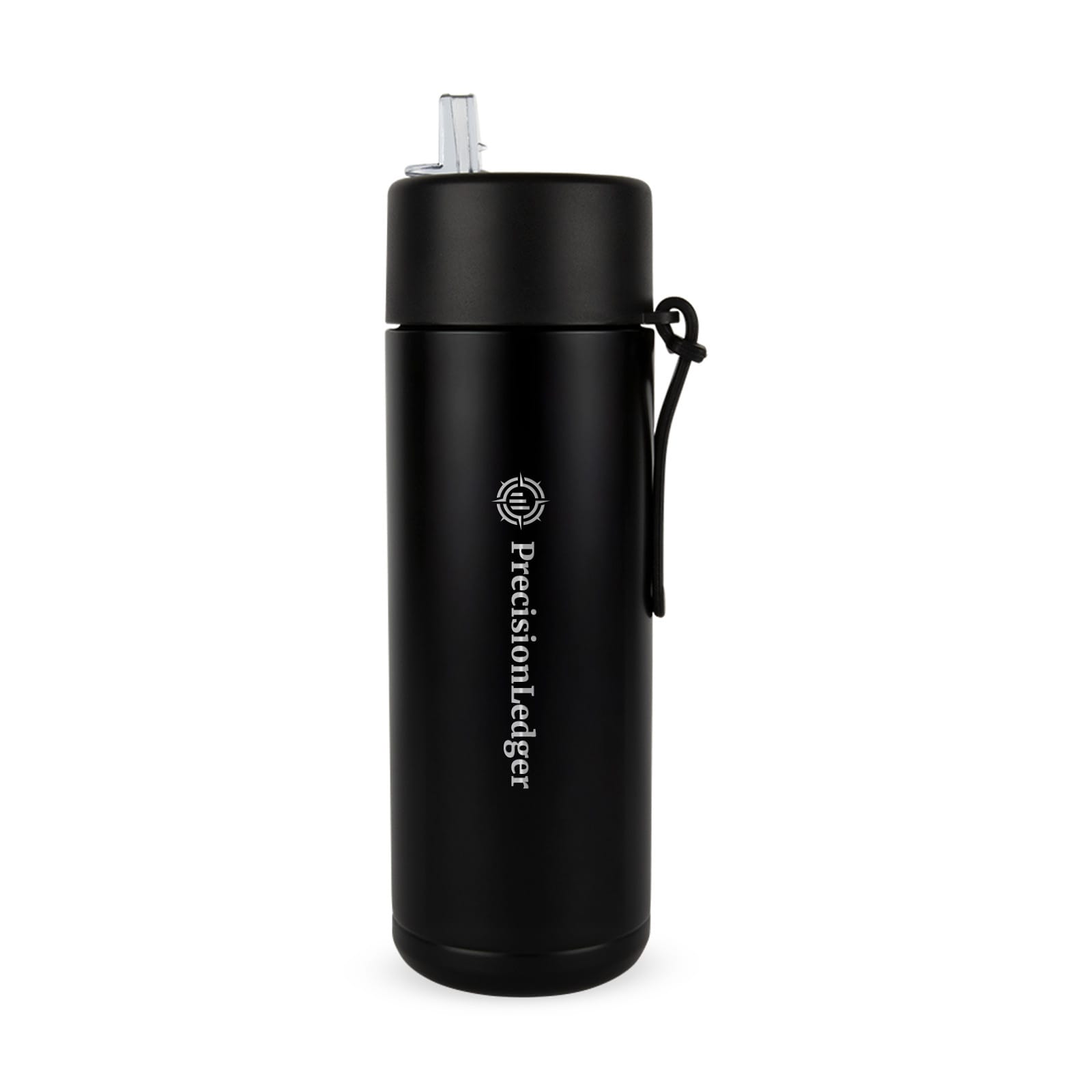 A drink bottle in matte black, featuring a logo and a flip-top lid with a straw.