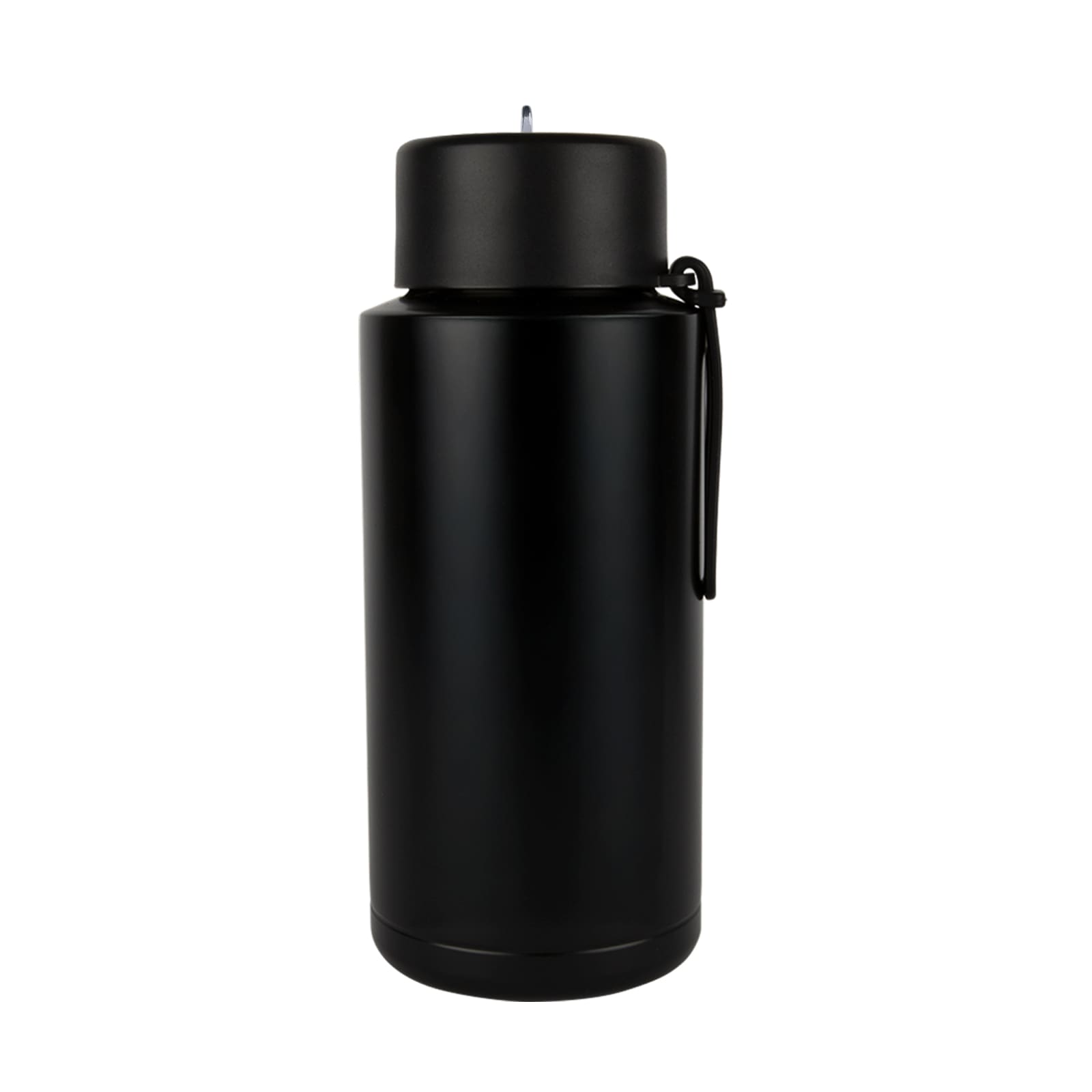 A drink bottle in matte black finish, featuring a sleek design and a logo. Ideal for hydration on the go.