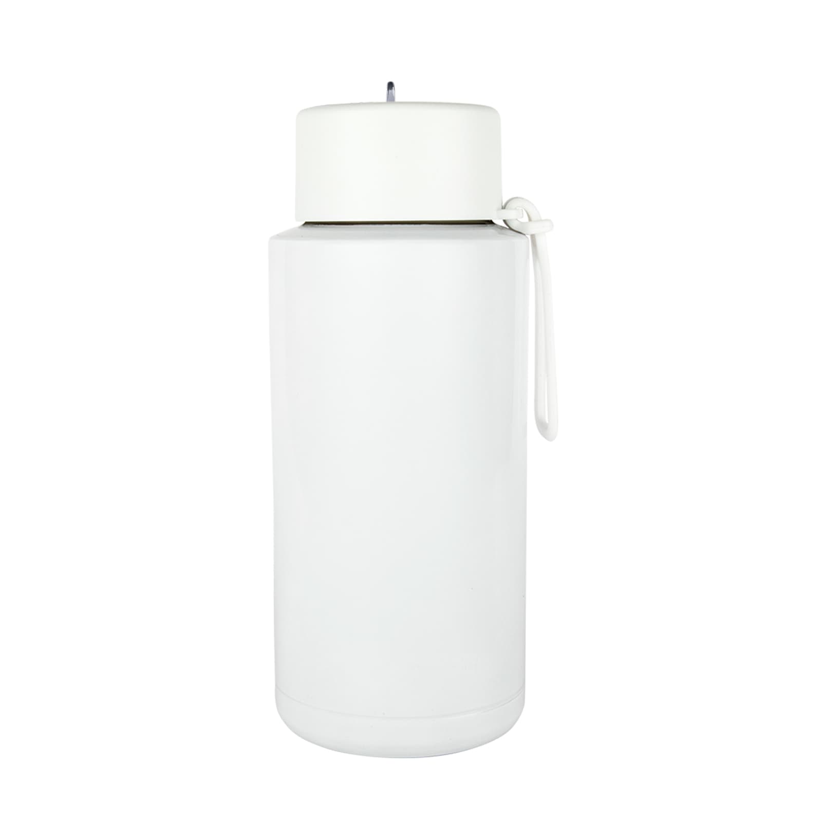 A drink bottle in white, featuring a lid and carry strap, with a logo on the body.