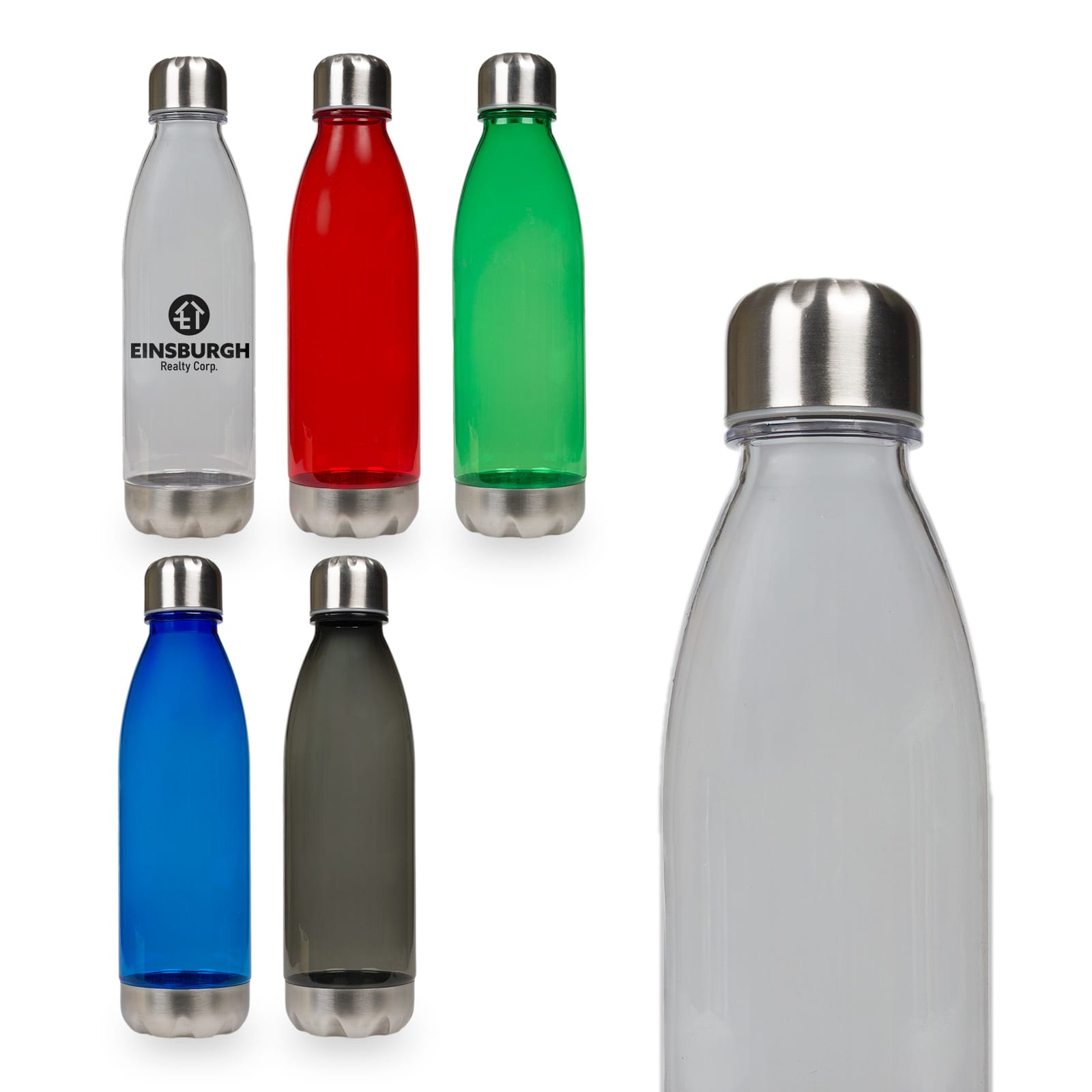 A drink bottle collection featuring sleek designs in clear, green, red, blue, and grey, each with a stainless steel lid.