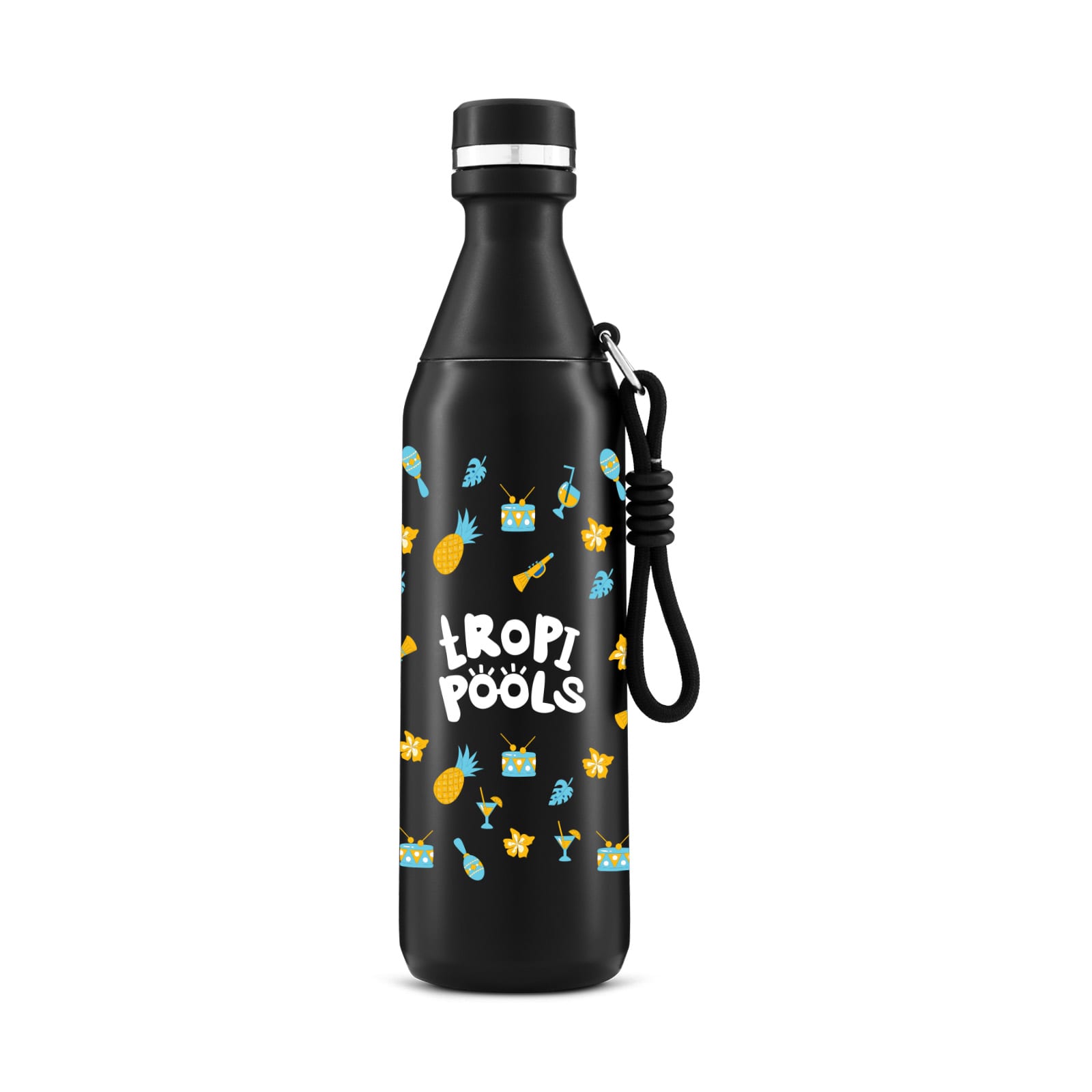 A drink bottle in black featuring a playful pattern of pineapples and tropical drinks, with a black strap and silver cap.