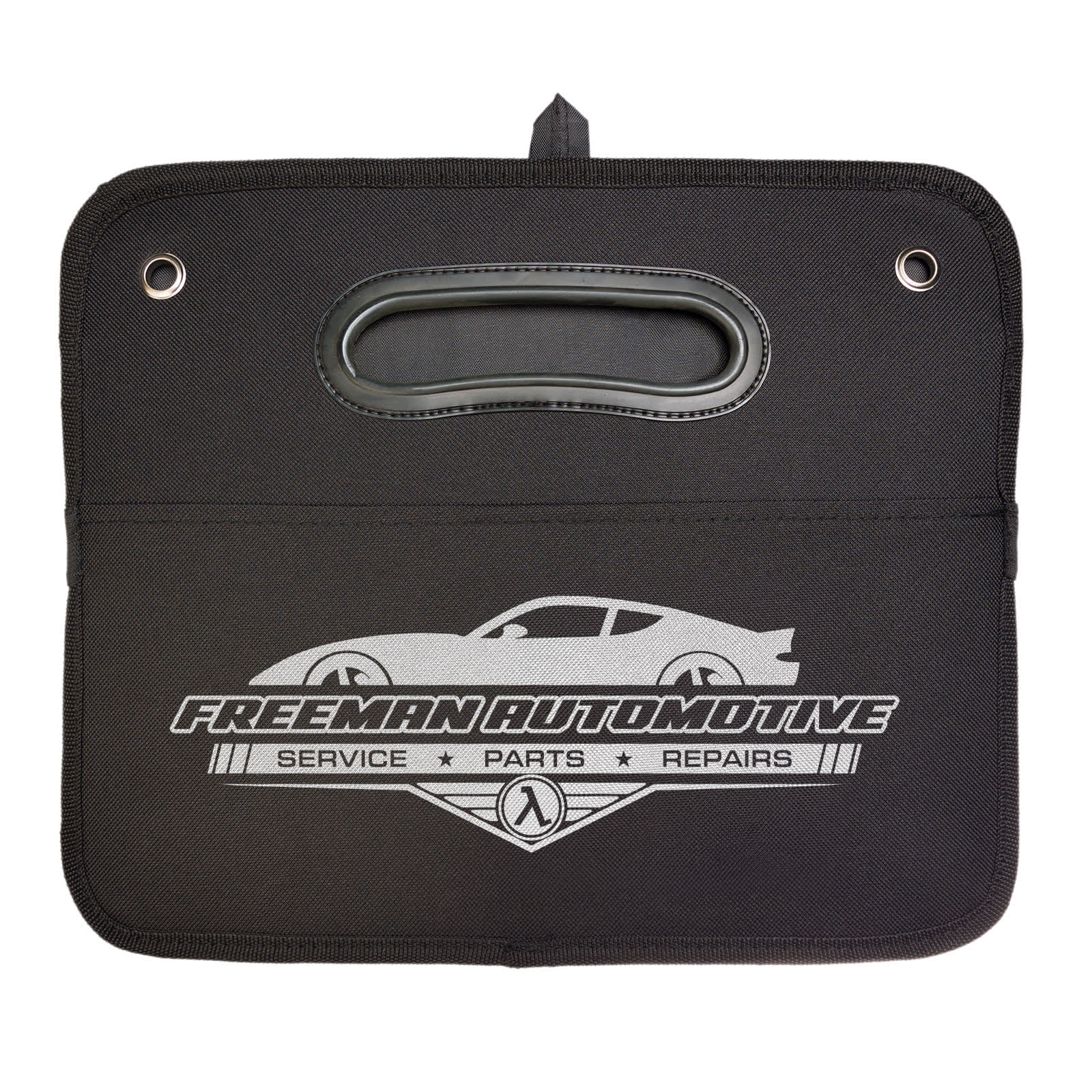 A black cargo storage organiser with a handle and a logo featuring a car silhouette.