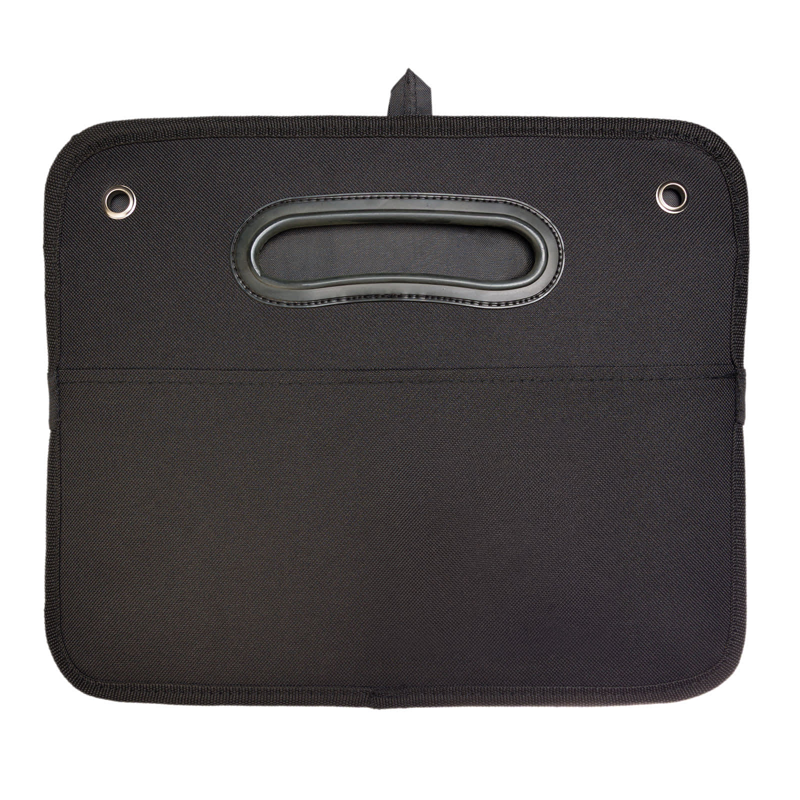 A black cargo storage organiser featuring a handle and reinforced edges, ideal for keeping items secure.