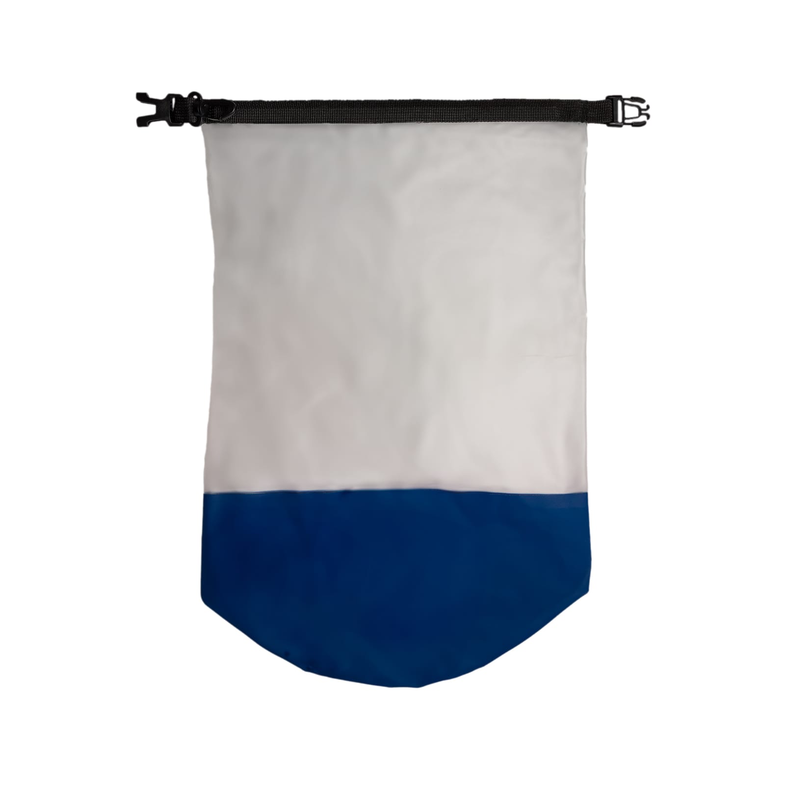 A waterproof bag featuring a white upper section and a blue lower section, secured with a black closure and logo branding.
