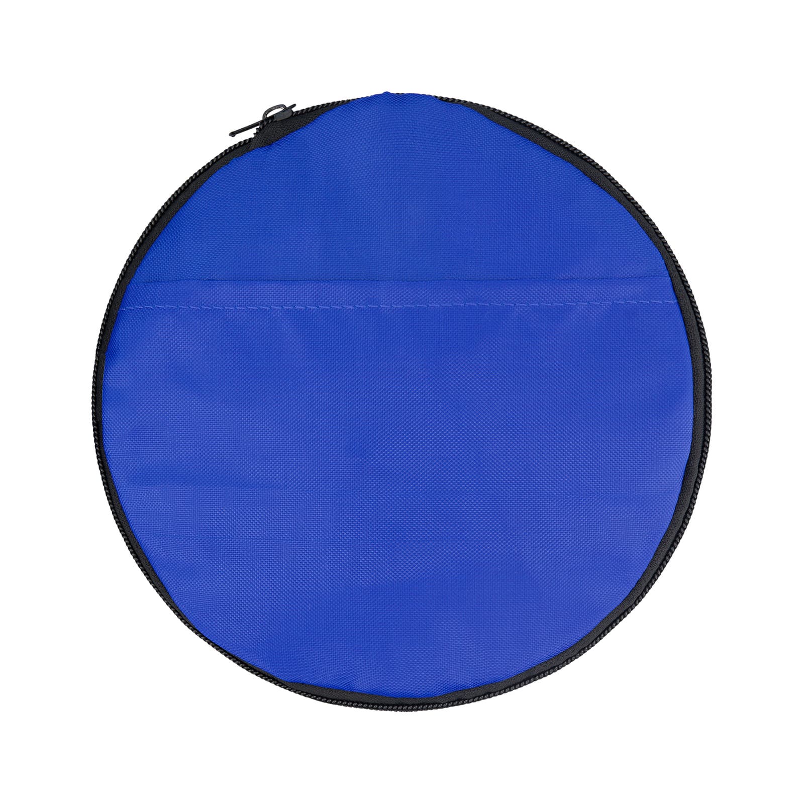 A round blue duffle bag with a zip closure, featuring a black trim and no visible branding.