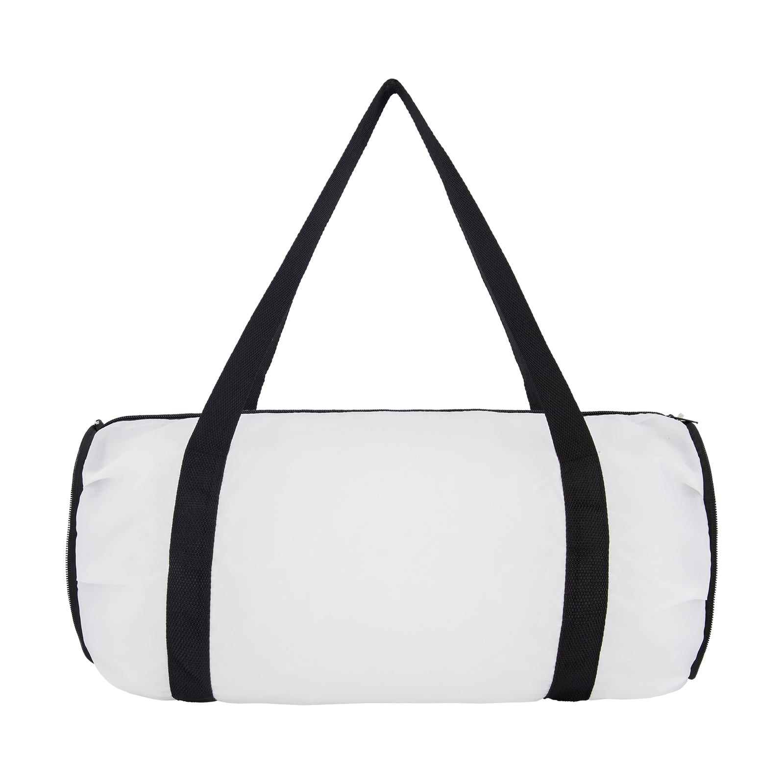 A white duffle bag with black straps and a zip closure, featuring a logo on the side.