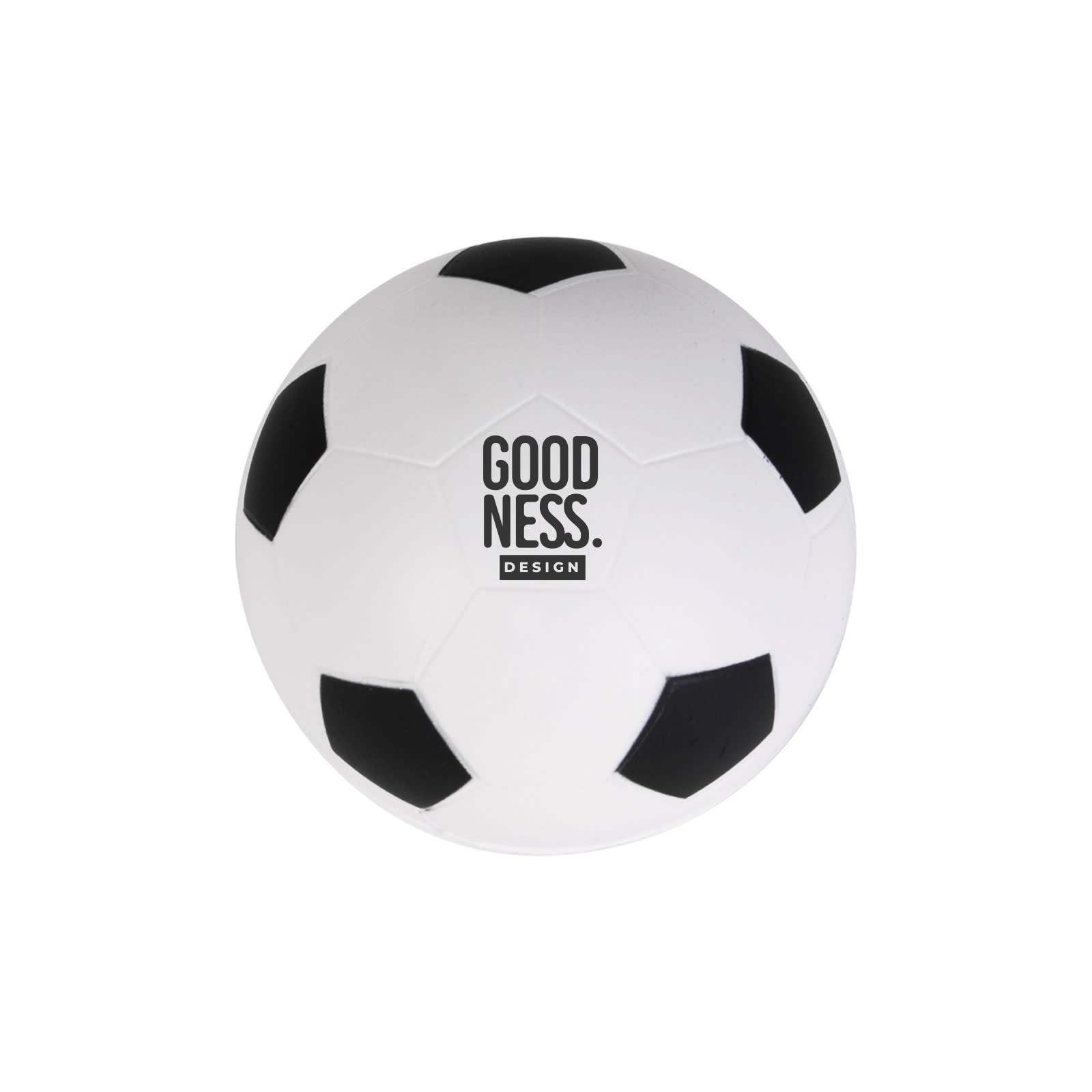 A white soccer ball stress reliever featuring black pentagon patches and a logo on one side.