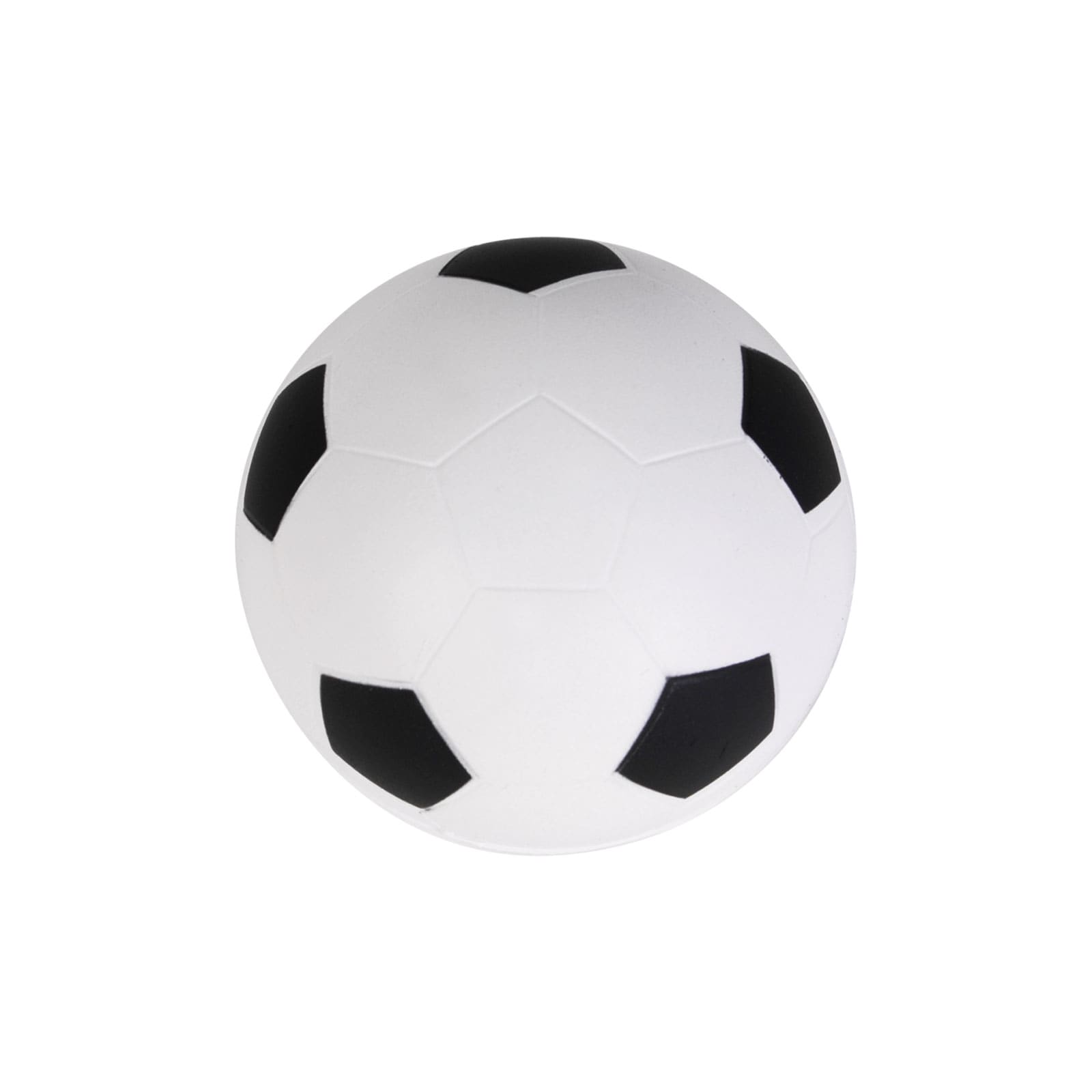 A white soccer ball stress reliever with black patches, featuring a smooth surface and one logo.