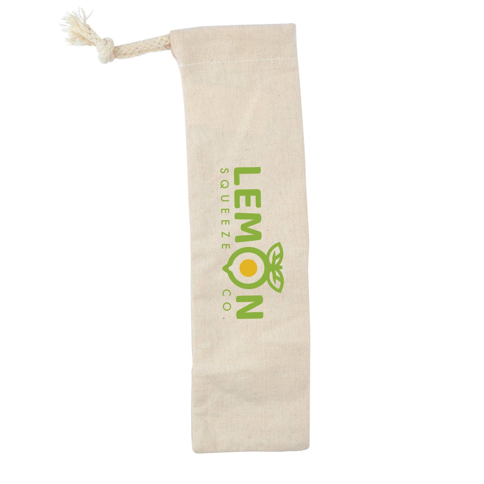 A cream-coloured bag with a drawstring, featuring a green logo of 'Lemon Squeeze Co.' on the front.