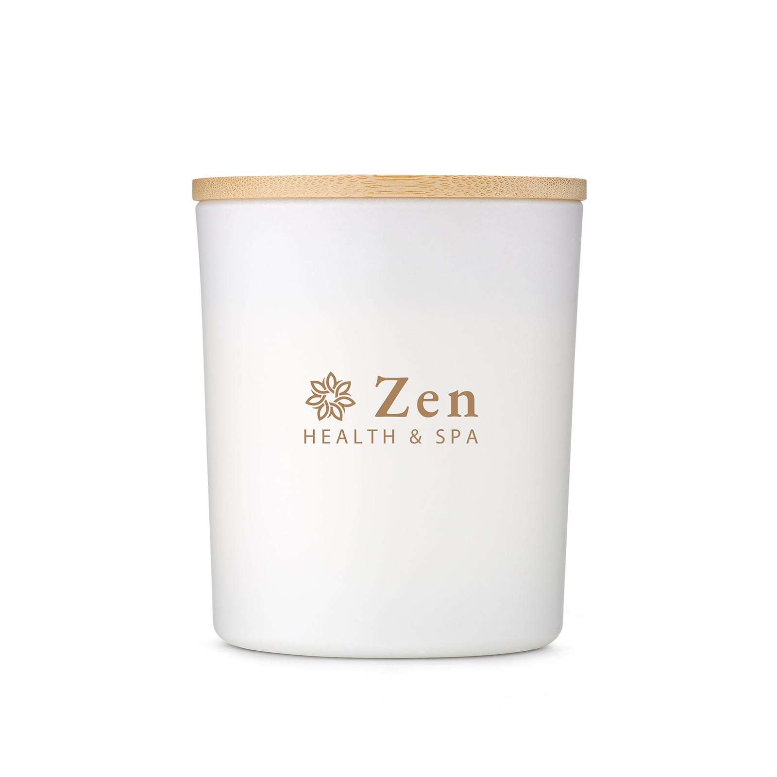 A white candle jar with a wooden lid, featuring a logo and branding for "Zen Health & Spa."