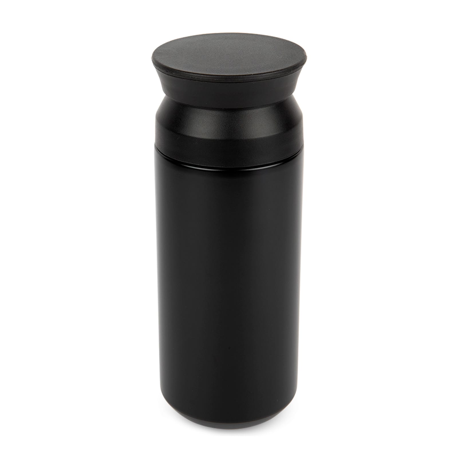 A black drink bottle with a sleek design and a twist-top lid. It features a logo on the body.