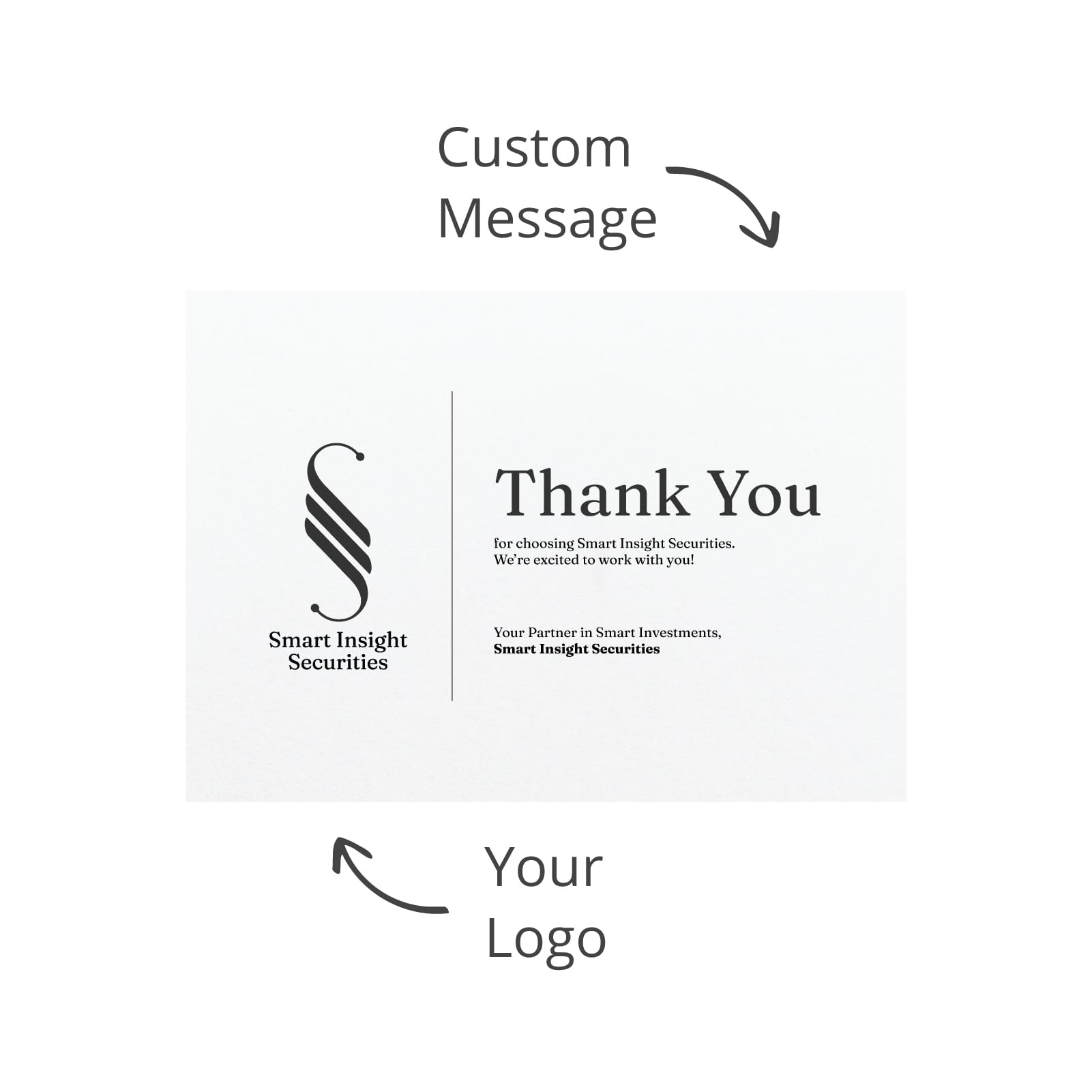 A thank you card displaying a logo, featuring a predominantly white background with black text and design elements.