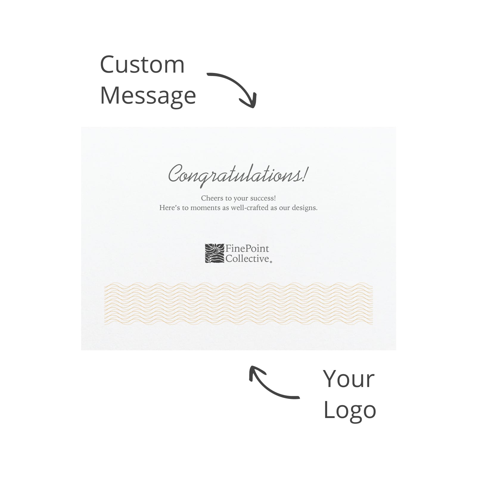 A card featuring a textured design along the bottom, with space for a custom message and a logo.