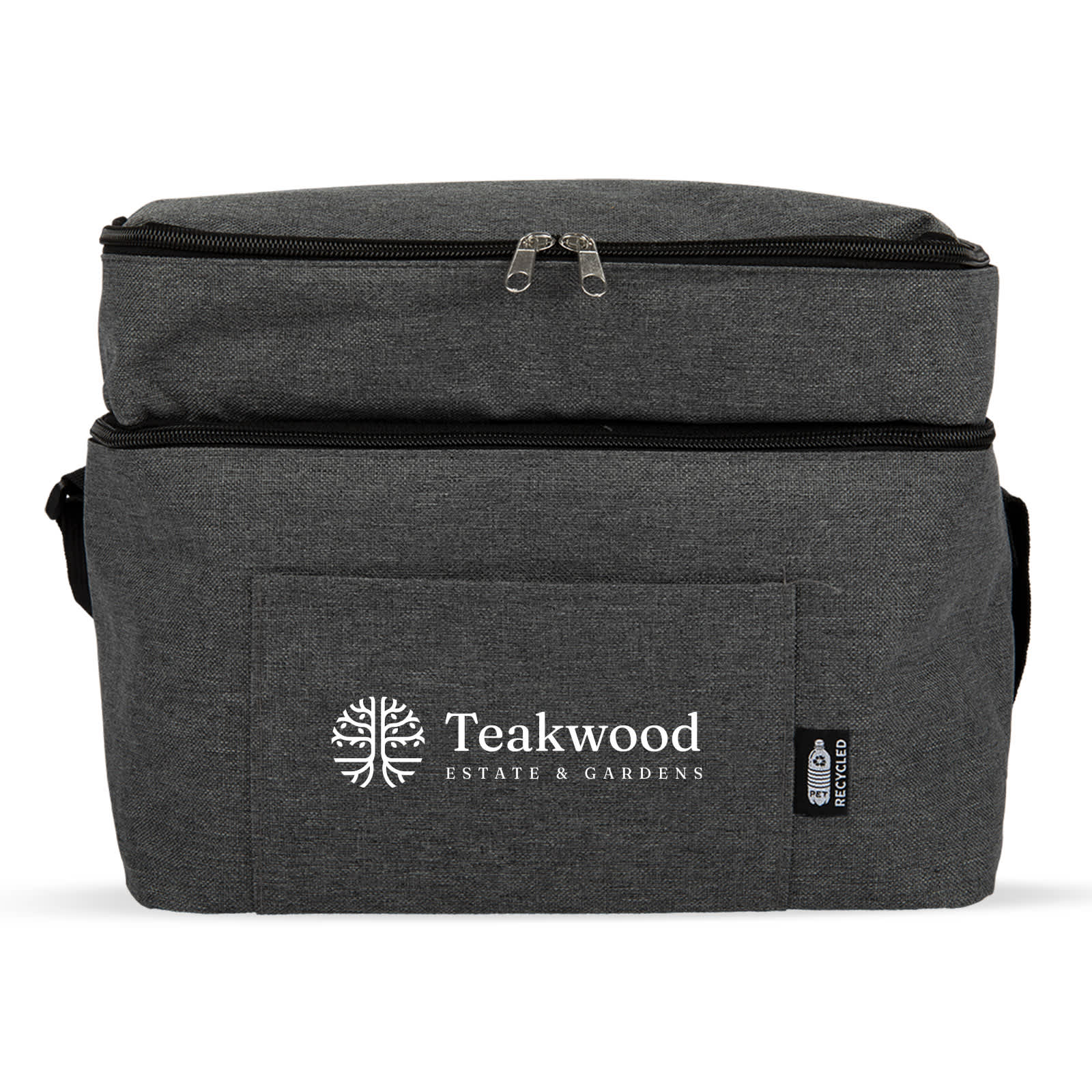 A grey insulated drink cooler with a front pocket and a logo, featuring a zippered top and adjustable strap.