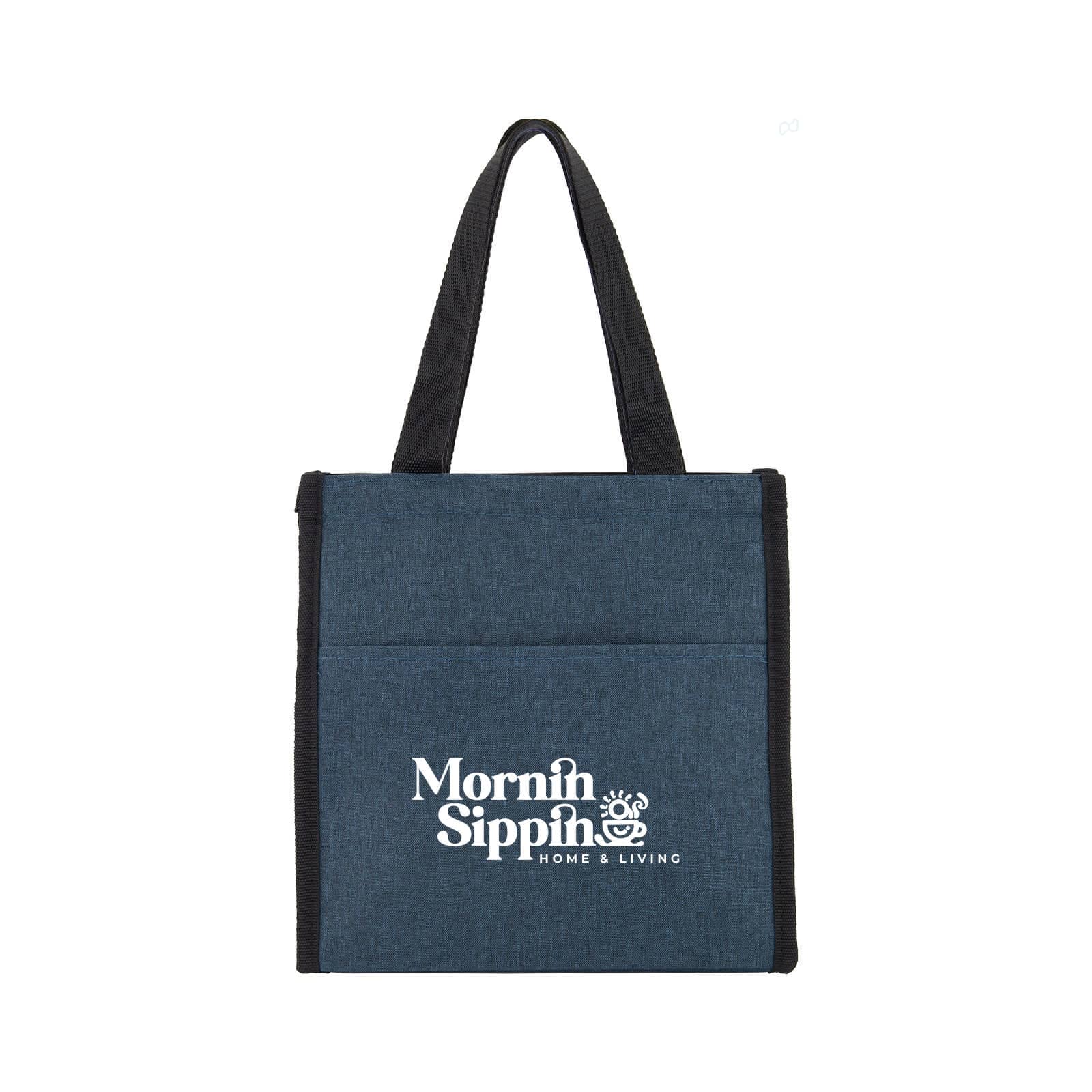 A blue tote bag with black straps and a logo on the front. The bag features a pocket and a simple design.